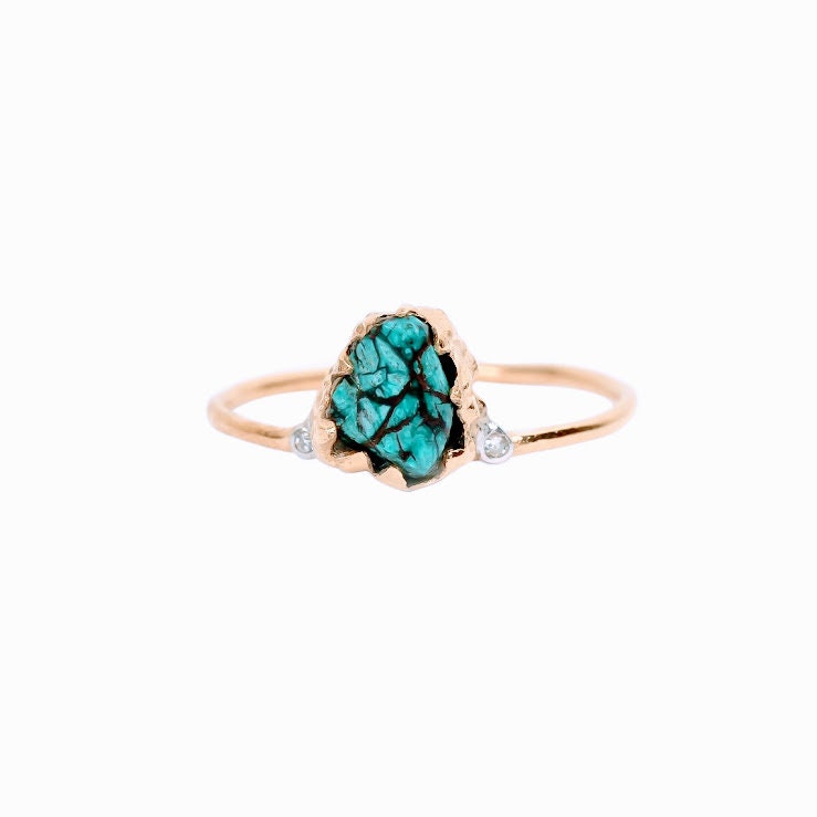 Natural Raw Turquoise & Diamond Solitaire Ring