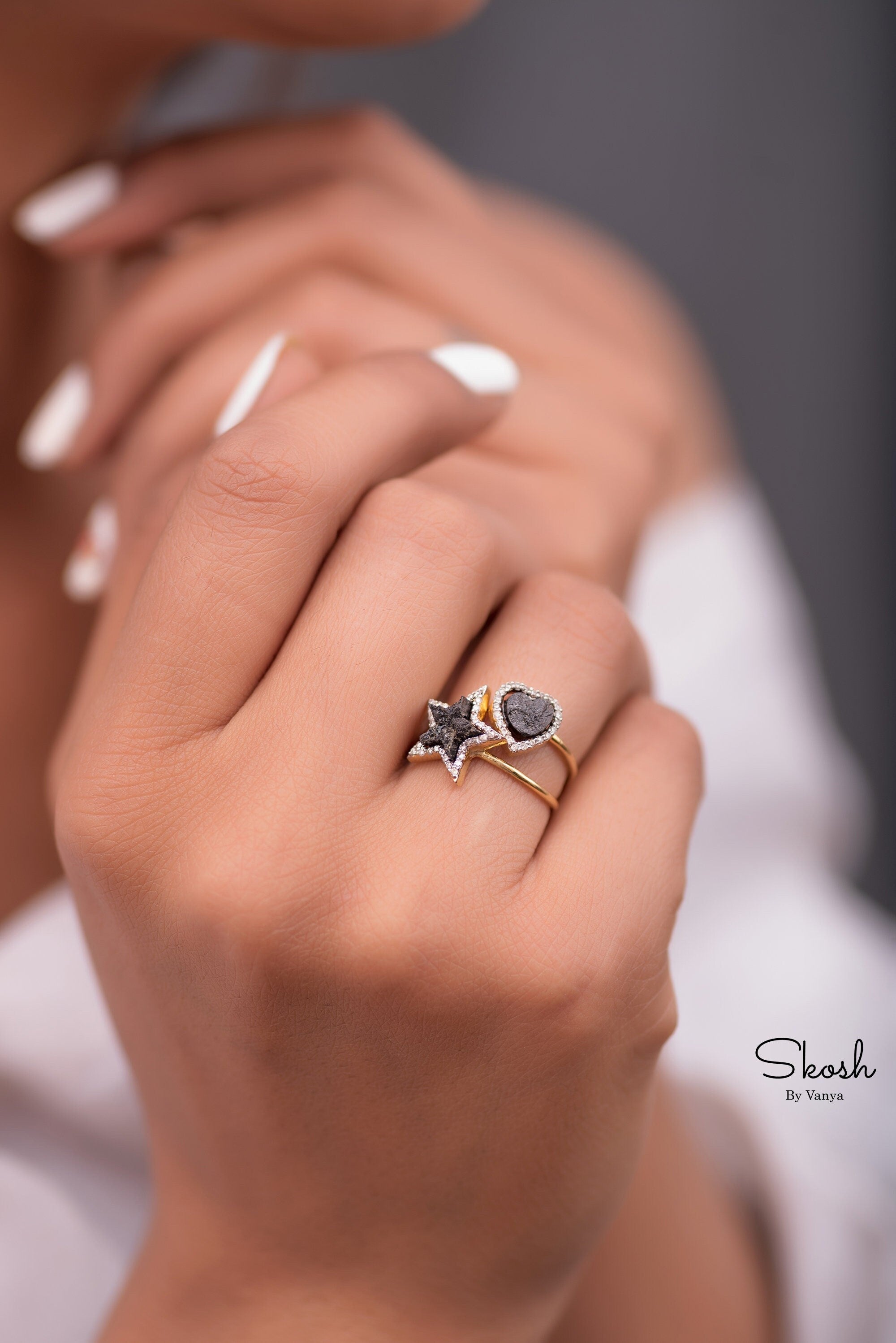 Heart Ring with Black Rough Diamonds