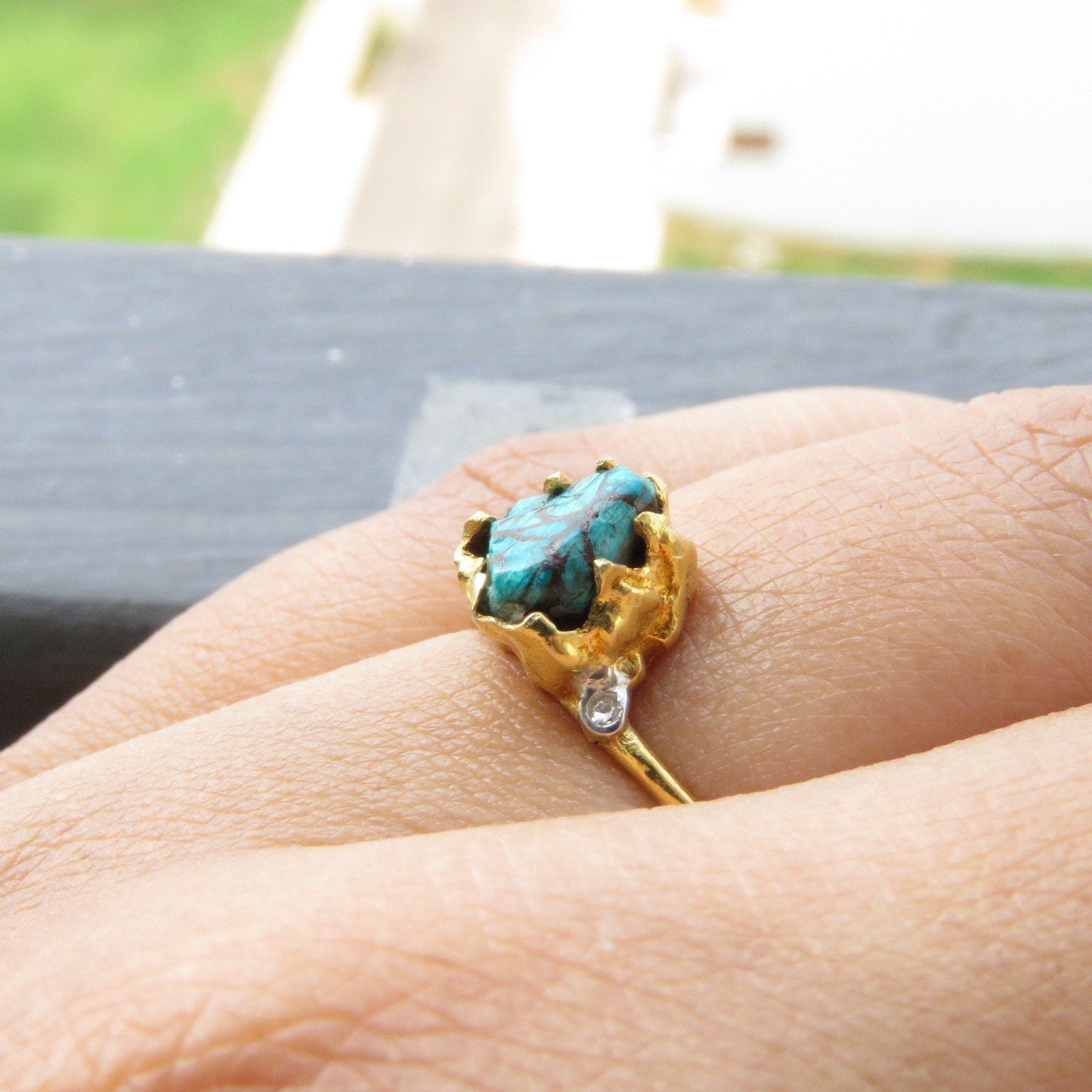 Natural Raw Turquoise & Diamond Solitaire Ring