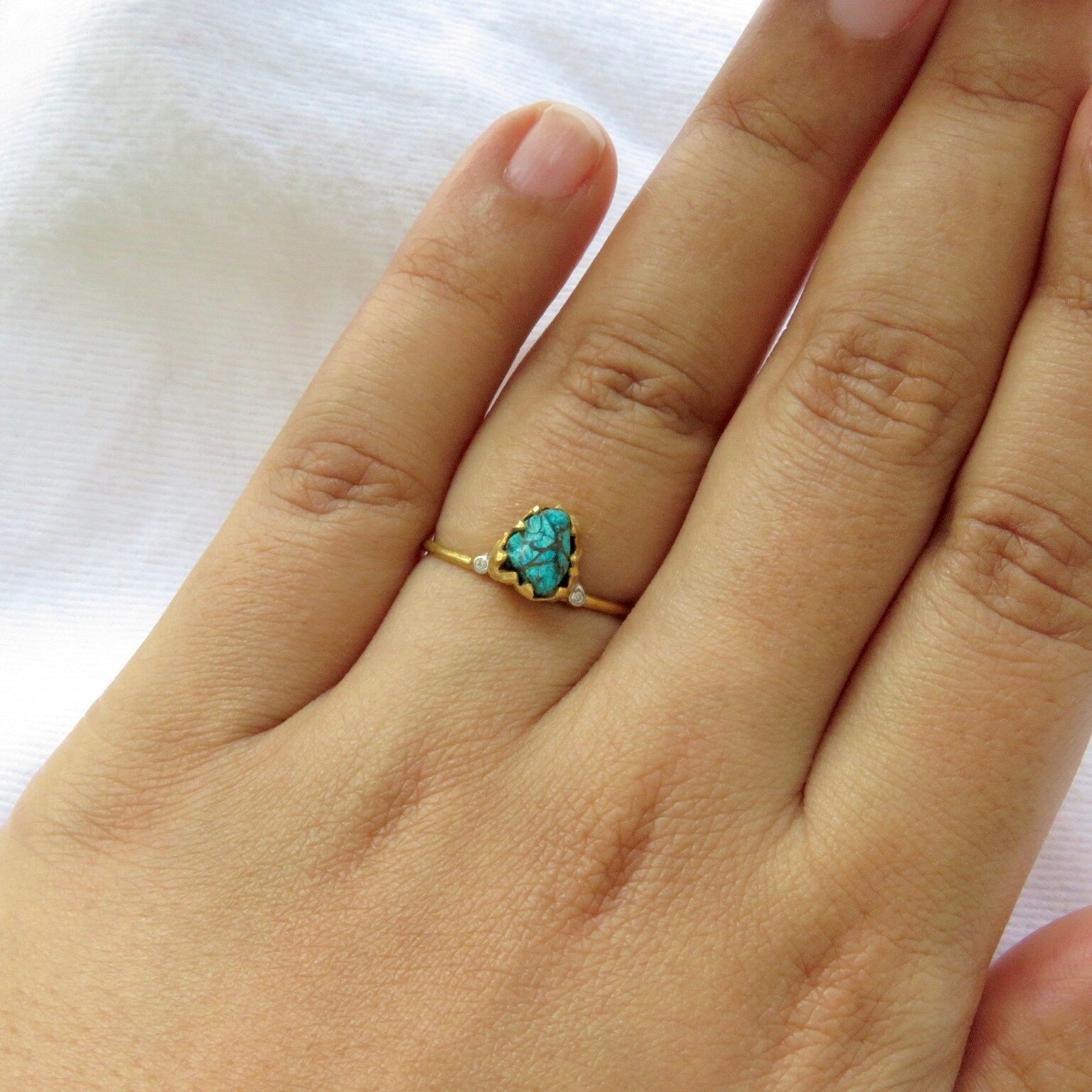 Natural Raw Turquoise & Diamond Solitaire Ring