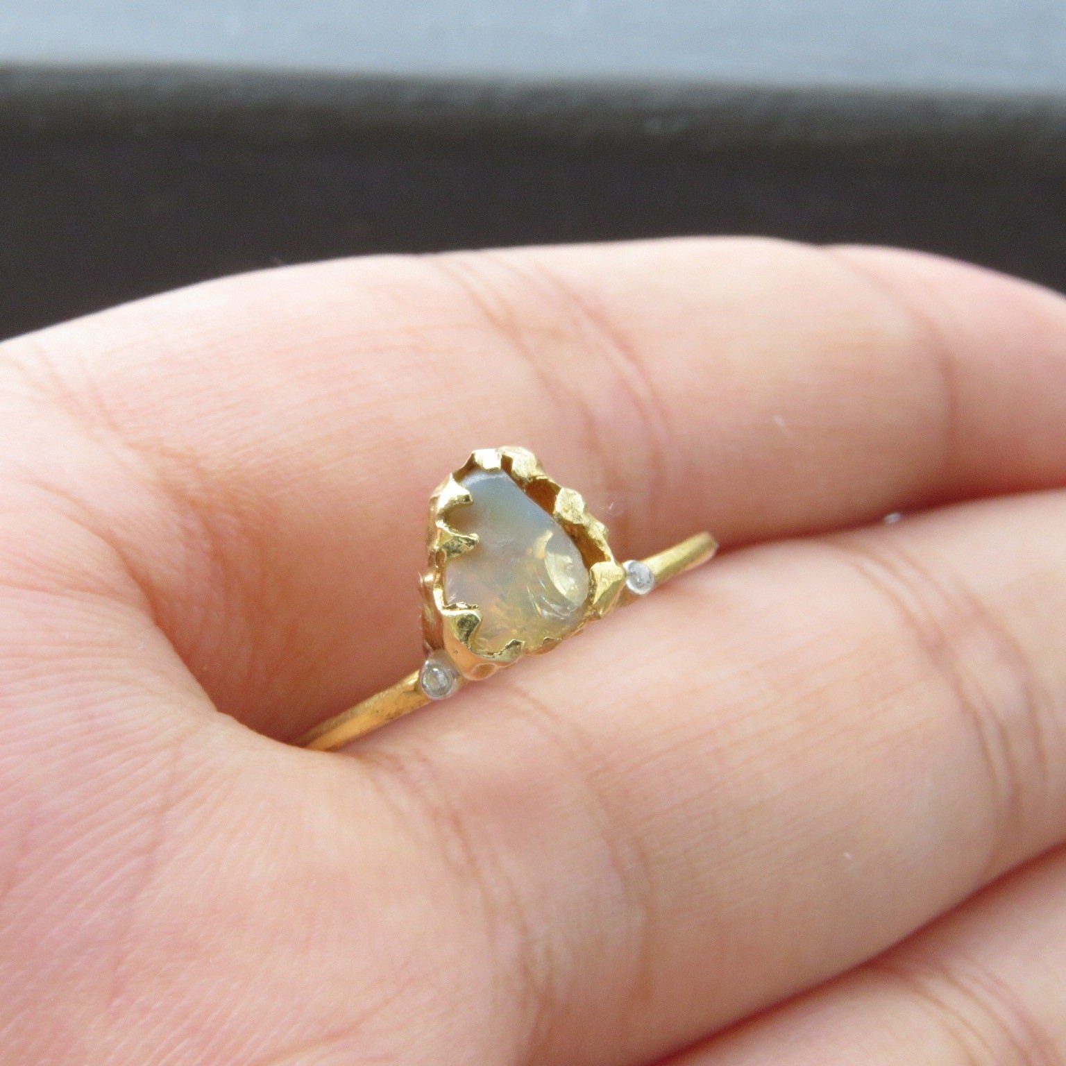 Natural Raw Opal & Diamond Solitaire Ring