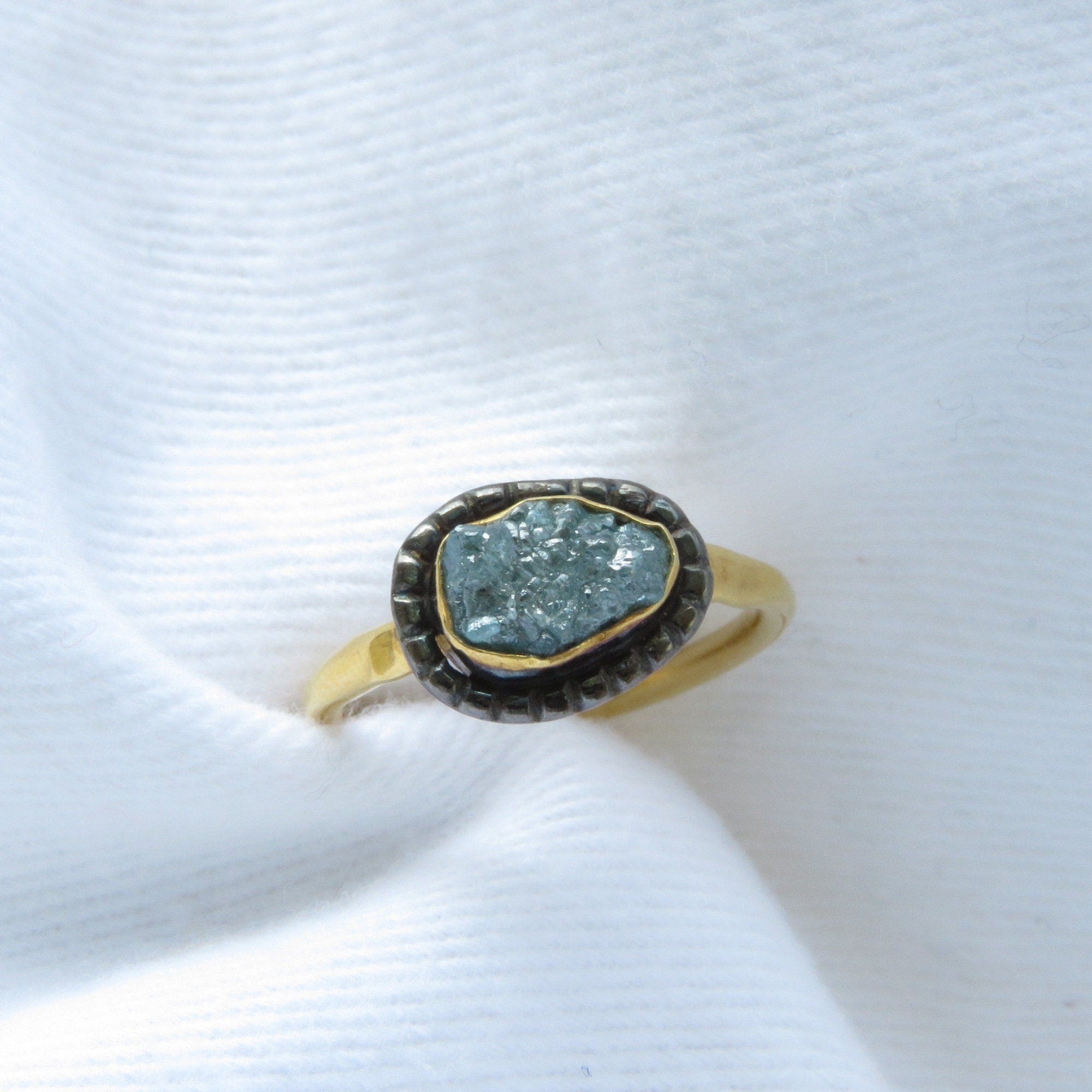 Raw Rough Blue Diamond Solitaire Ring with Black Rhodium Border