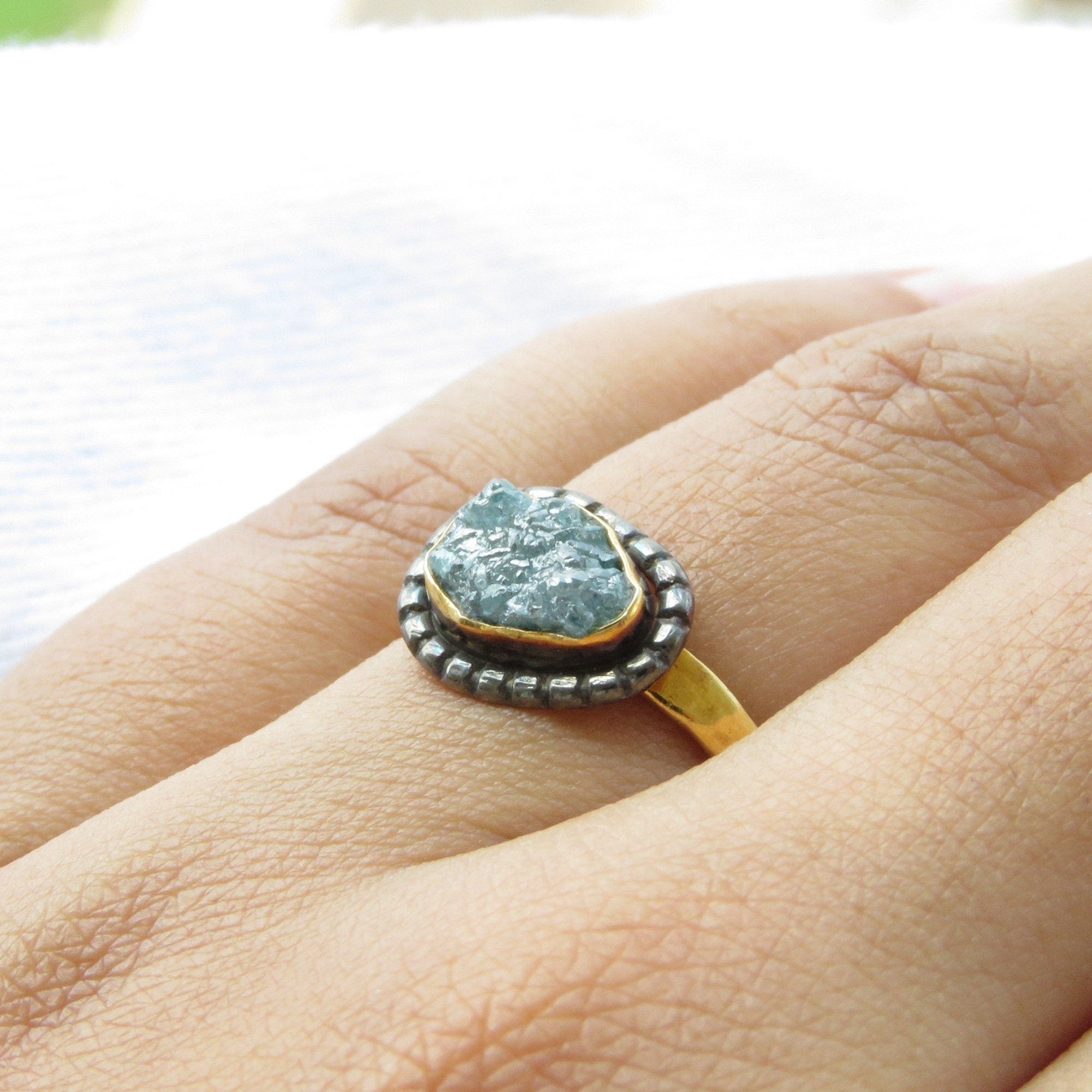 Raw Rough Blue Diamond Solitaire Ring with Black Rhodium Border