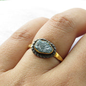 Raw Rough Blue Diamond Solitaire Ring with Black Rhodium Border
