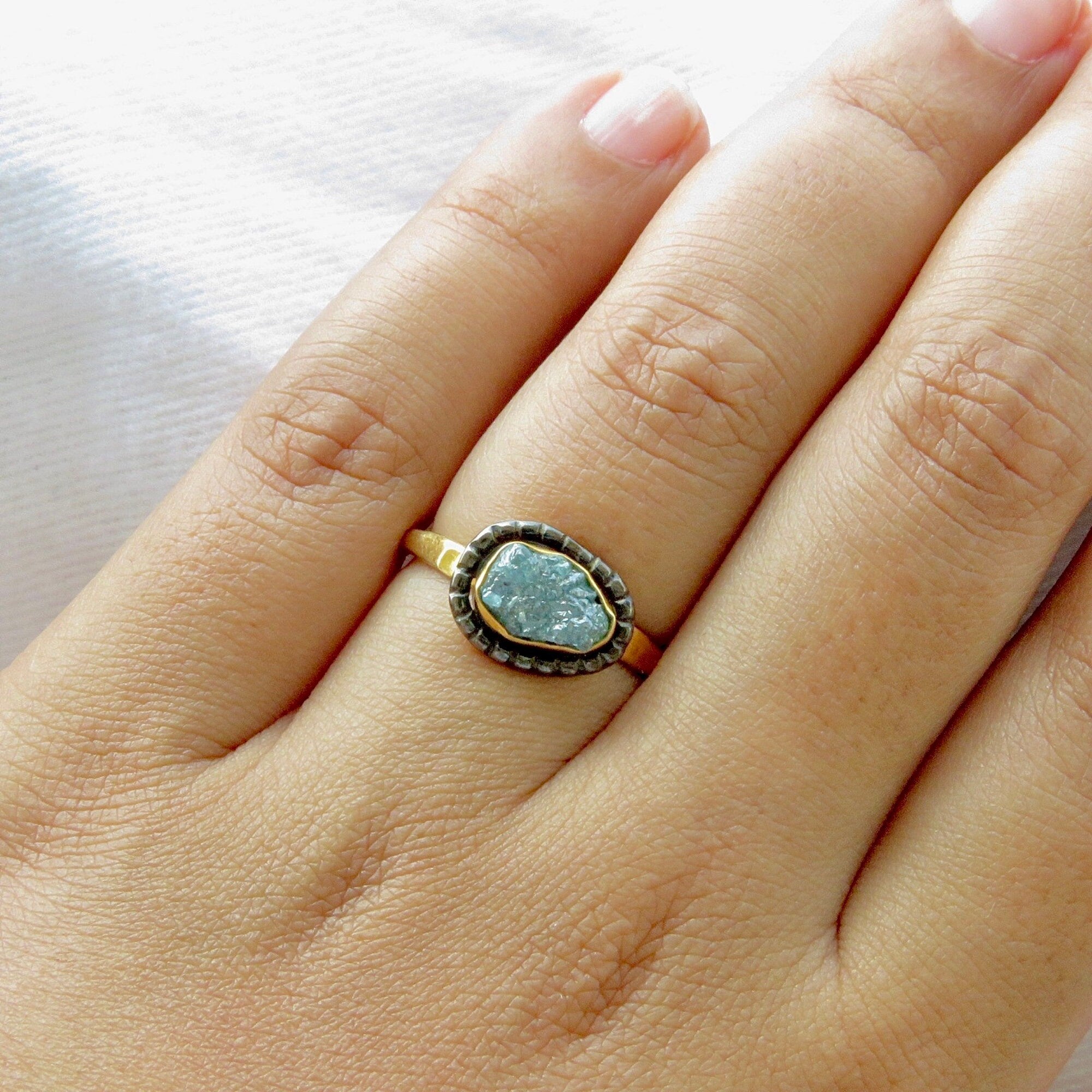 Raw Rough Blue Diamond Solitaire Ring with Black Rhodium Border