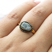 Raw Rough Blue Diamond Solitaire Ring with Black Rhodium Border