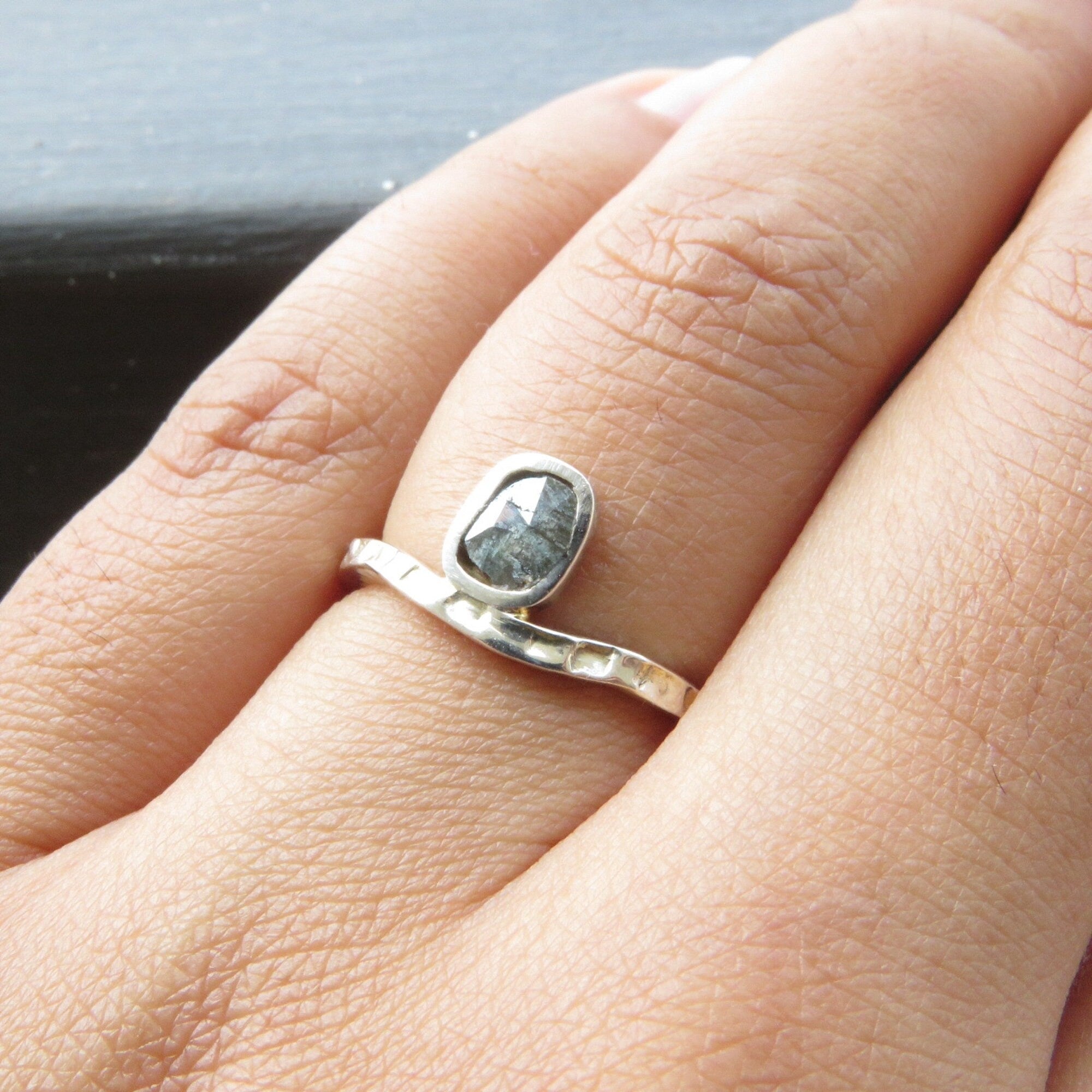 Sterling Silver Salt & Pepper Diamond Slice Solitaire Ring