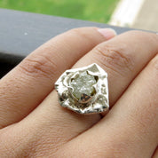 White Raw Diamond Chunky Boho Style Solitaire Statement Ring