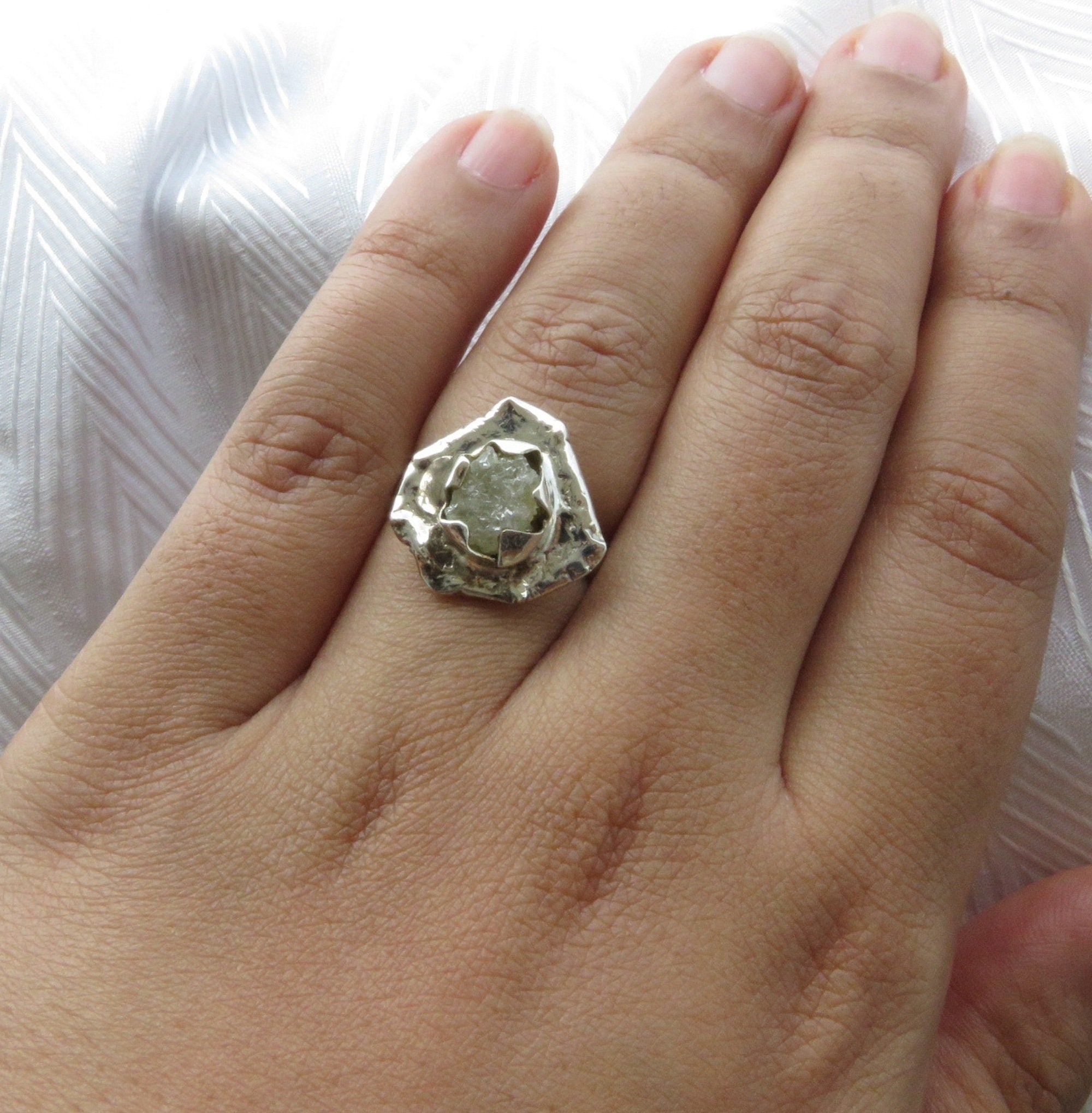 White Raw Diamond Chunky Boho Style Solitaire Statement Ring