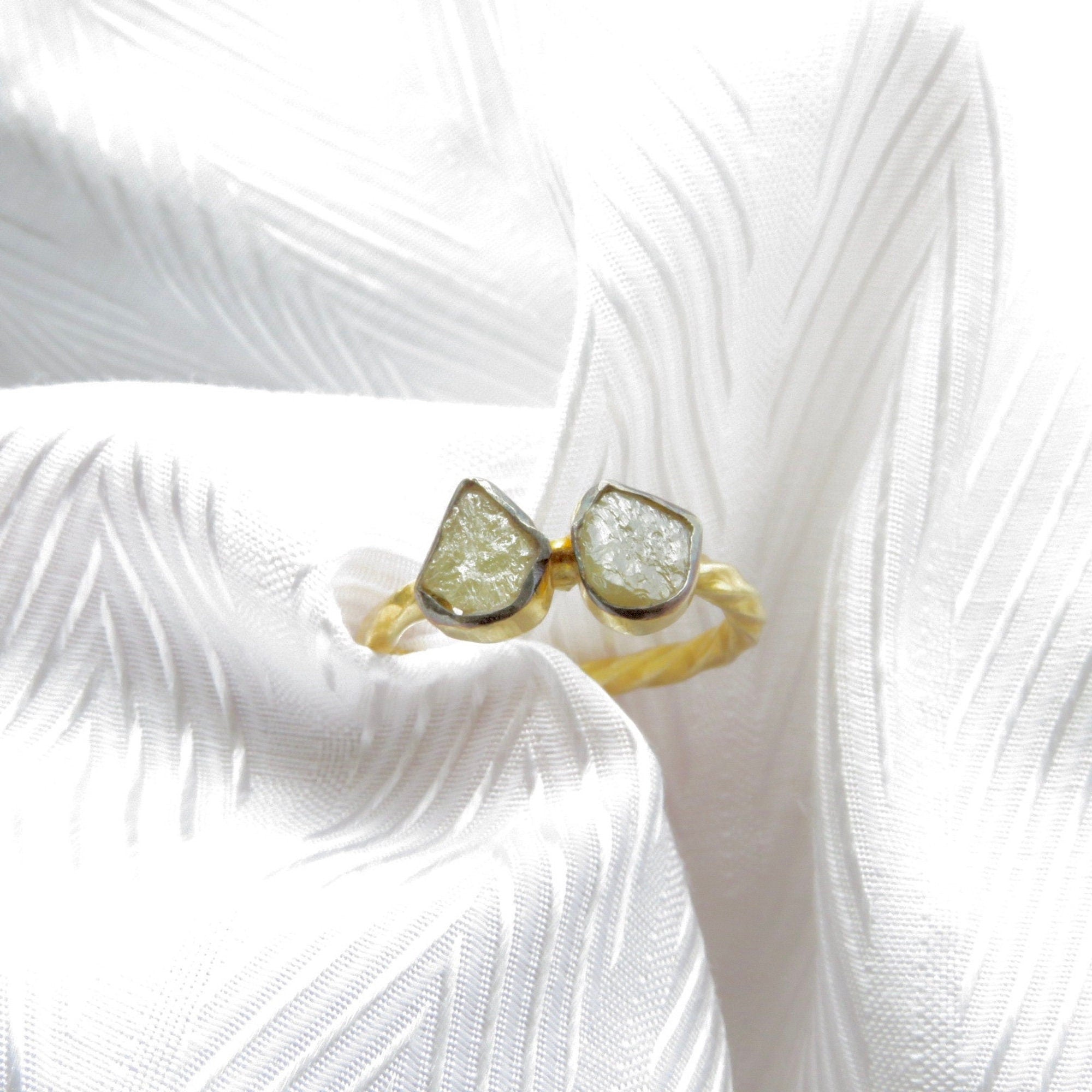 2 Stone Raw Yellow Diamond Ring