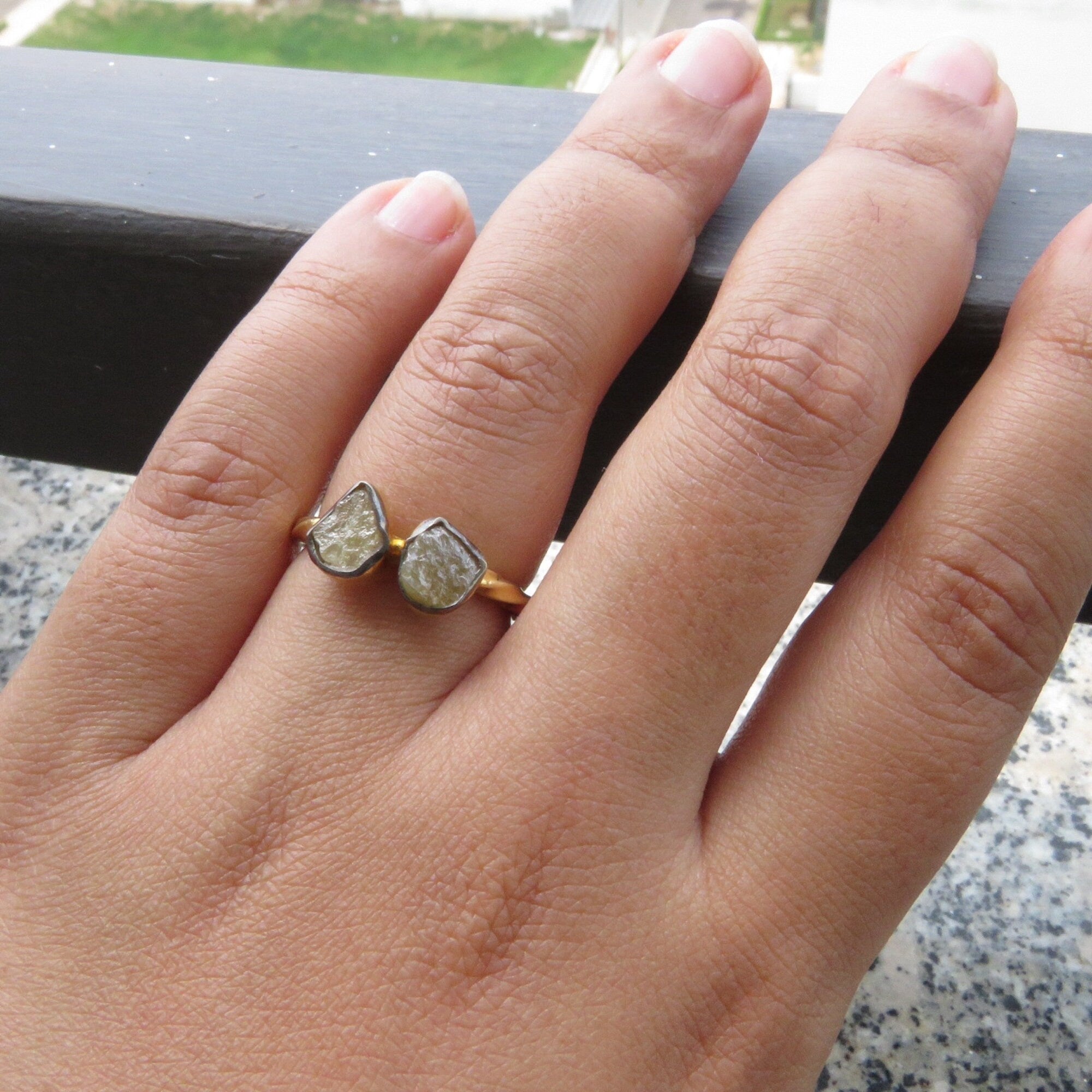 2 Stone Raw Yellow Diamond Ring