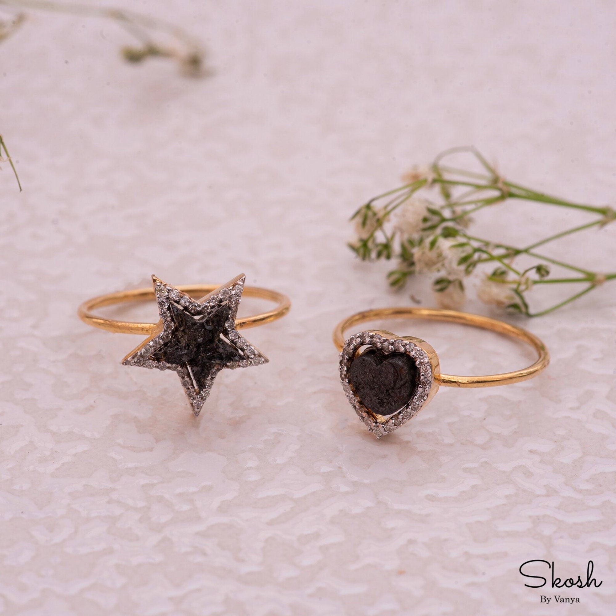 Heart Ring with Black Rough Diamonds