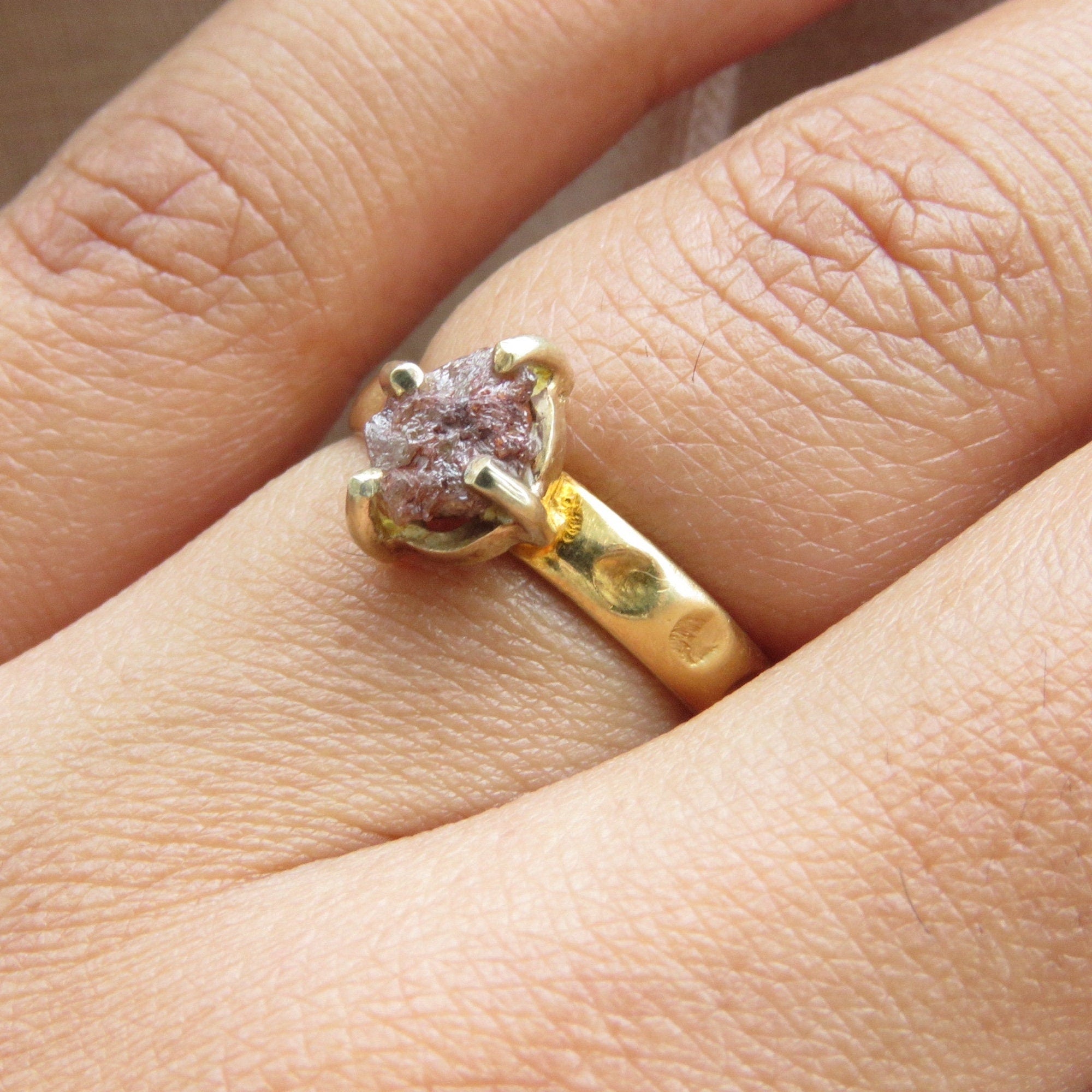 Brown Raw Diamond Gold Hammered Solitaire Statement Ring