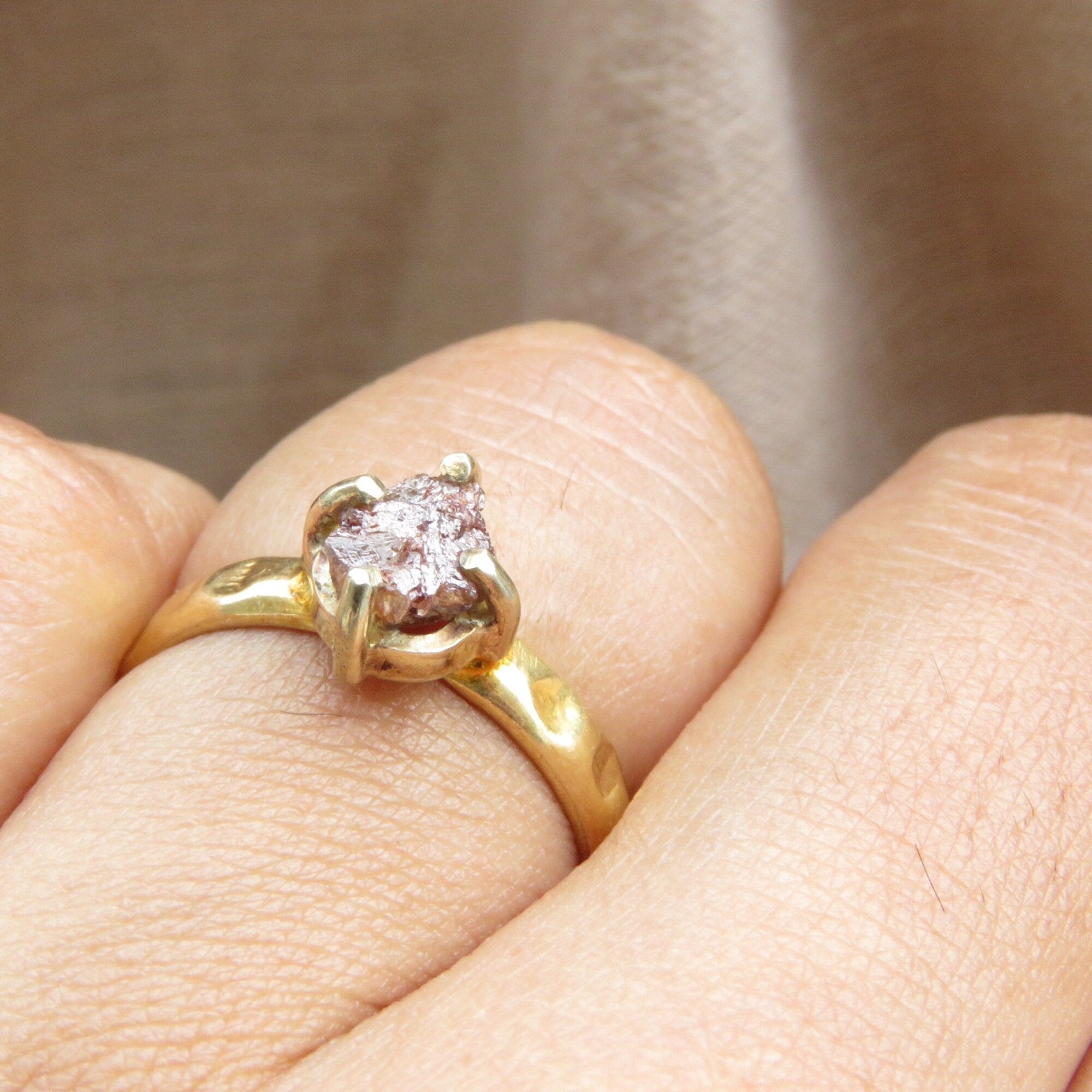 Brown Raw Diamond Gold Hammered Solitaire Statement Ring