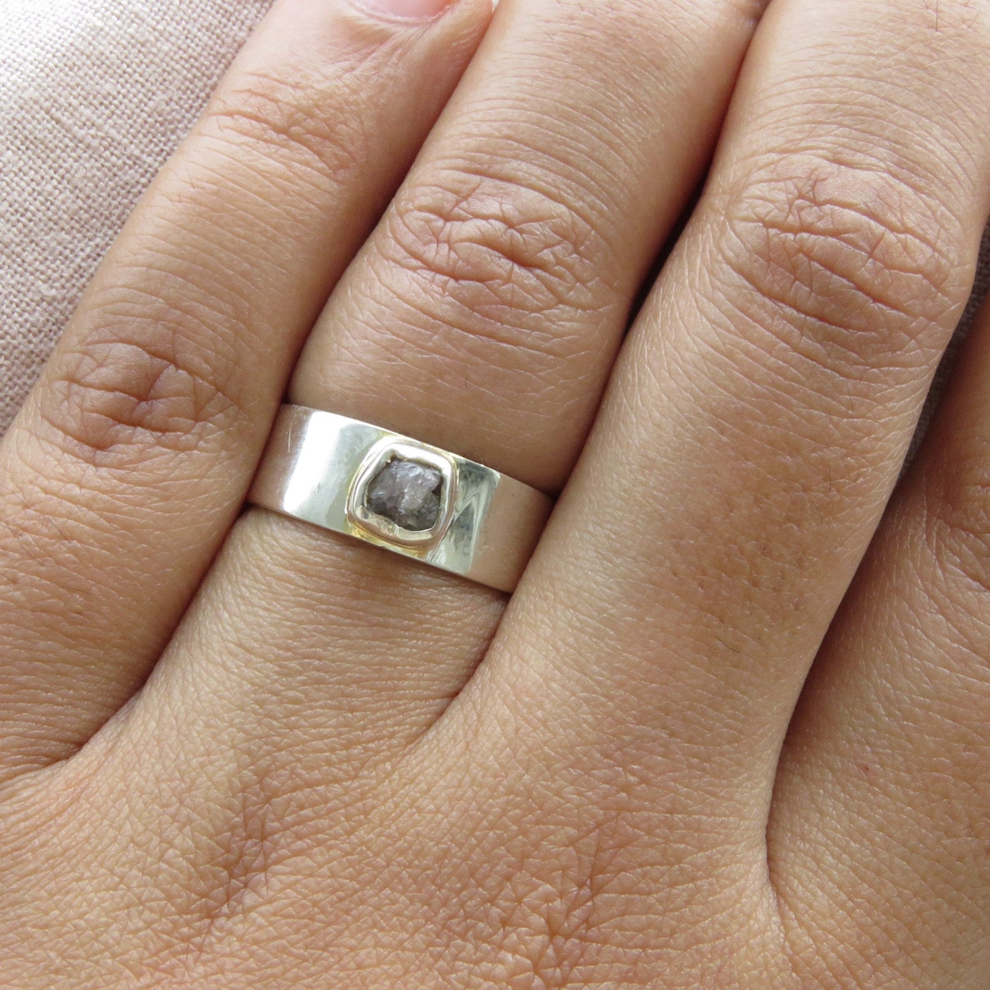 Raw Rough Gray Diamond Solitaire Band Ring