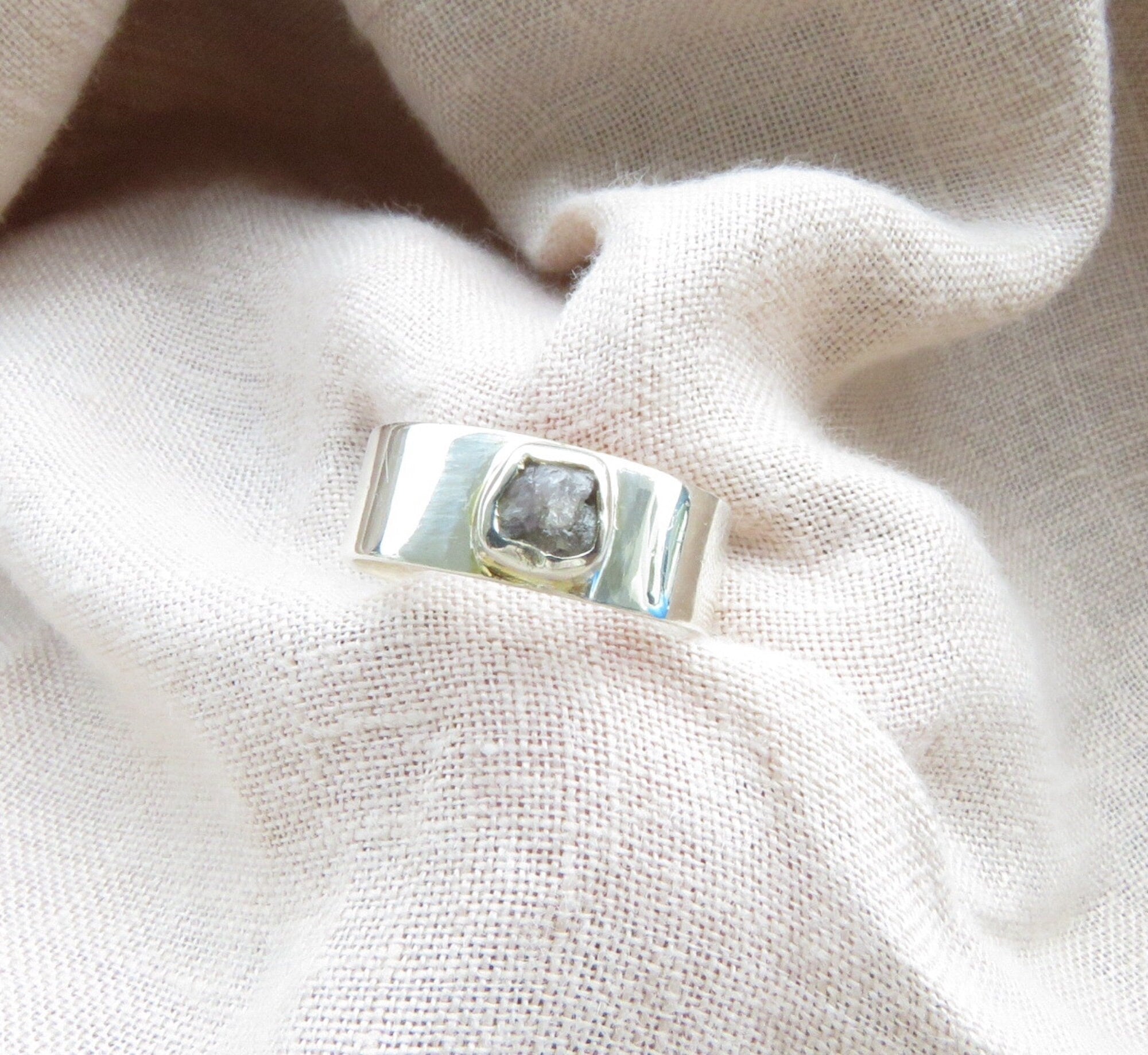 Raw Rough Gray Diamond Solitaire Band Ring