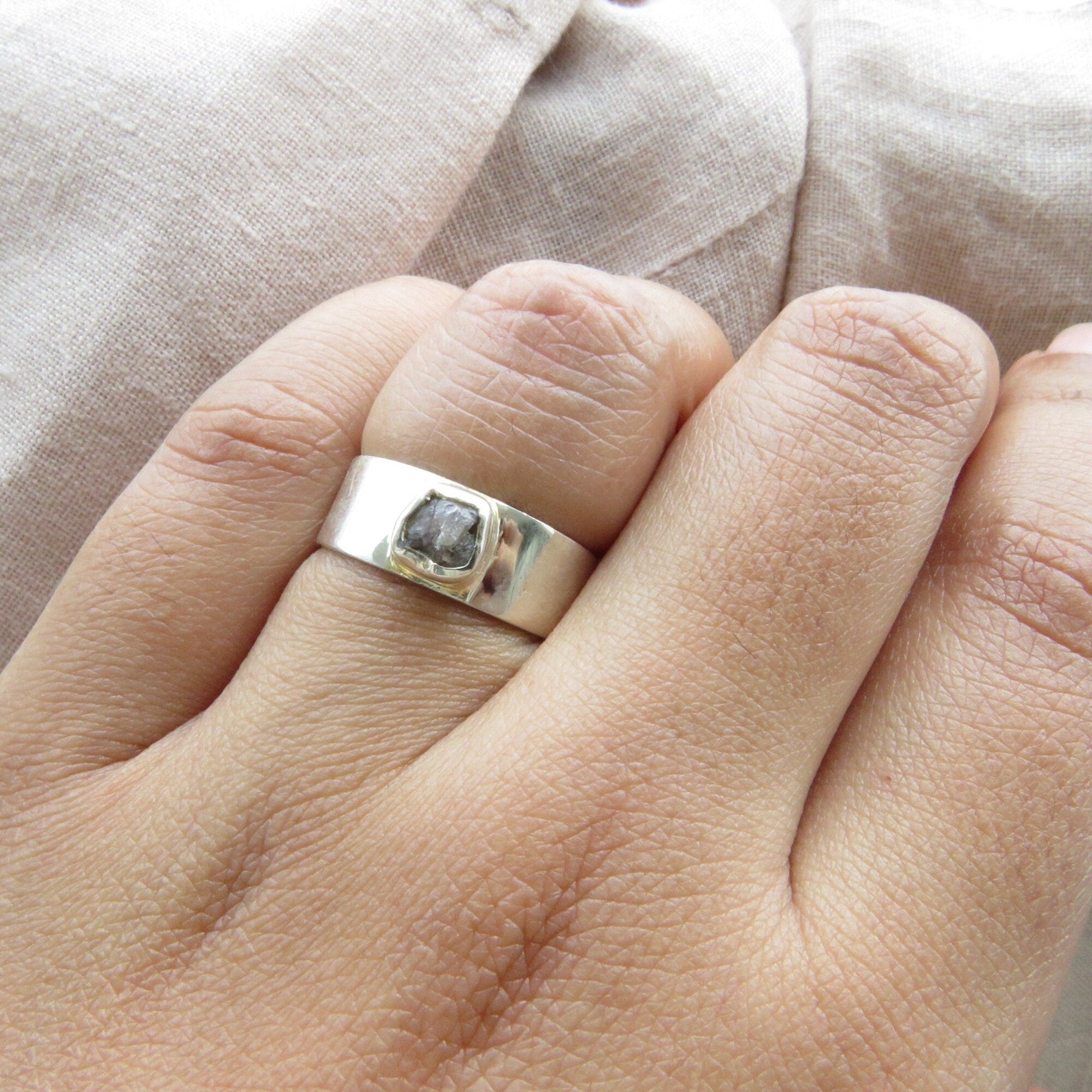 Raw Rough Gray Diamond Solitaire Band Ring