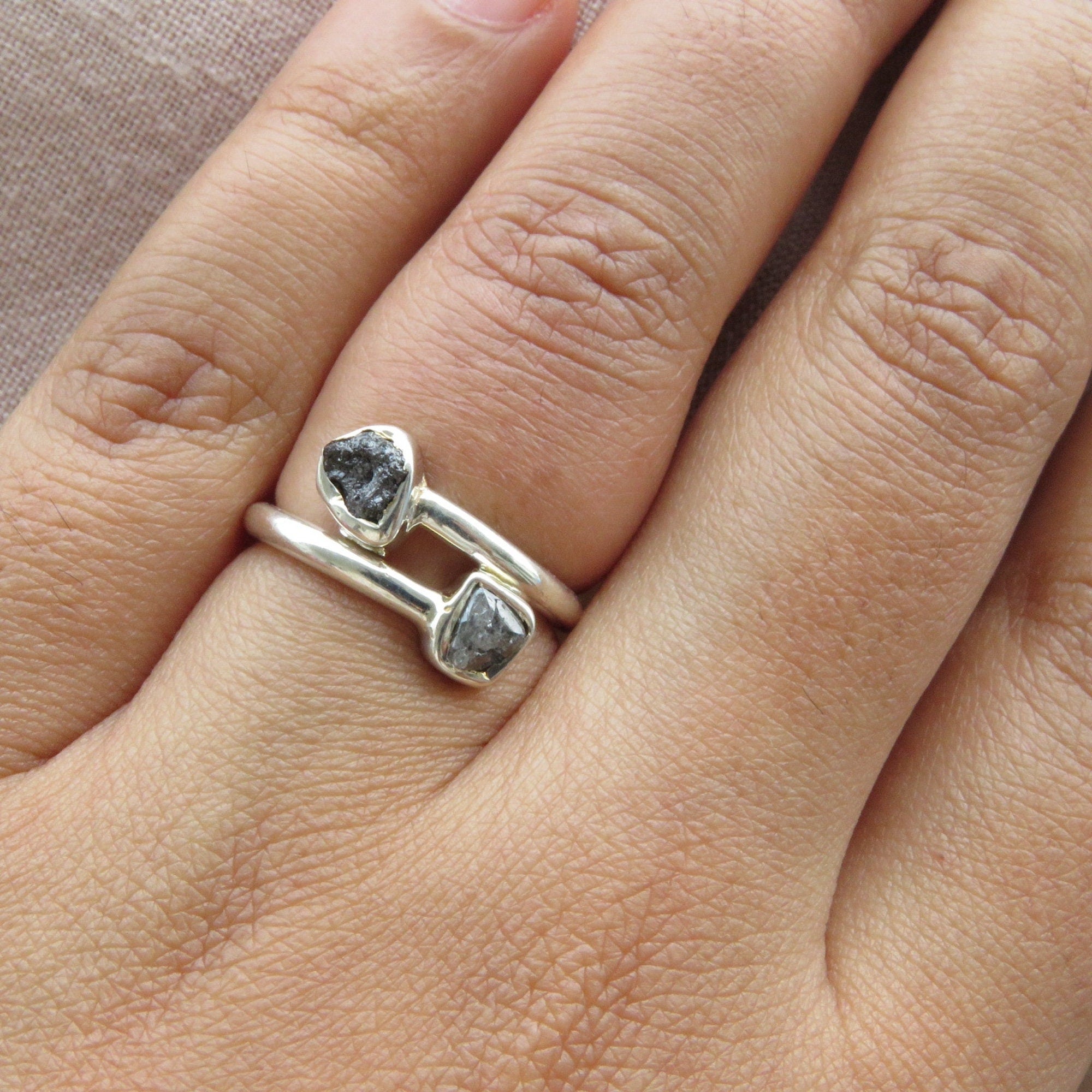 2 Stone Black Raw Diamond Ring