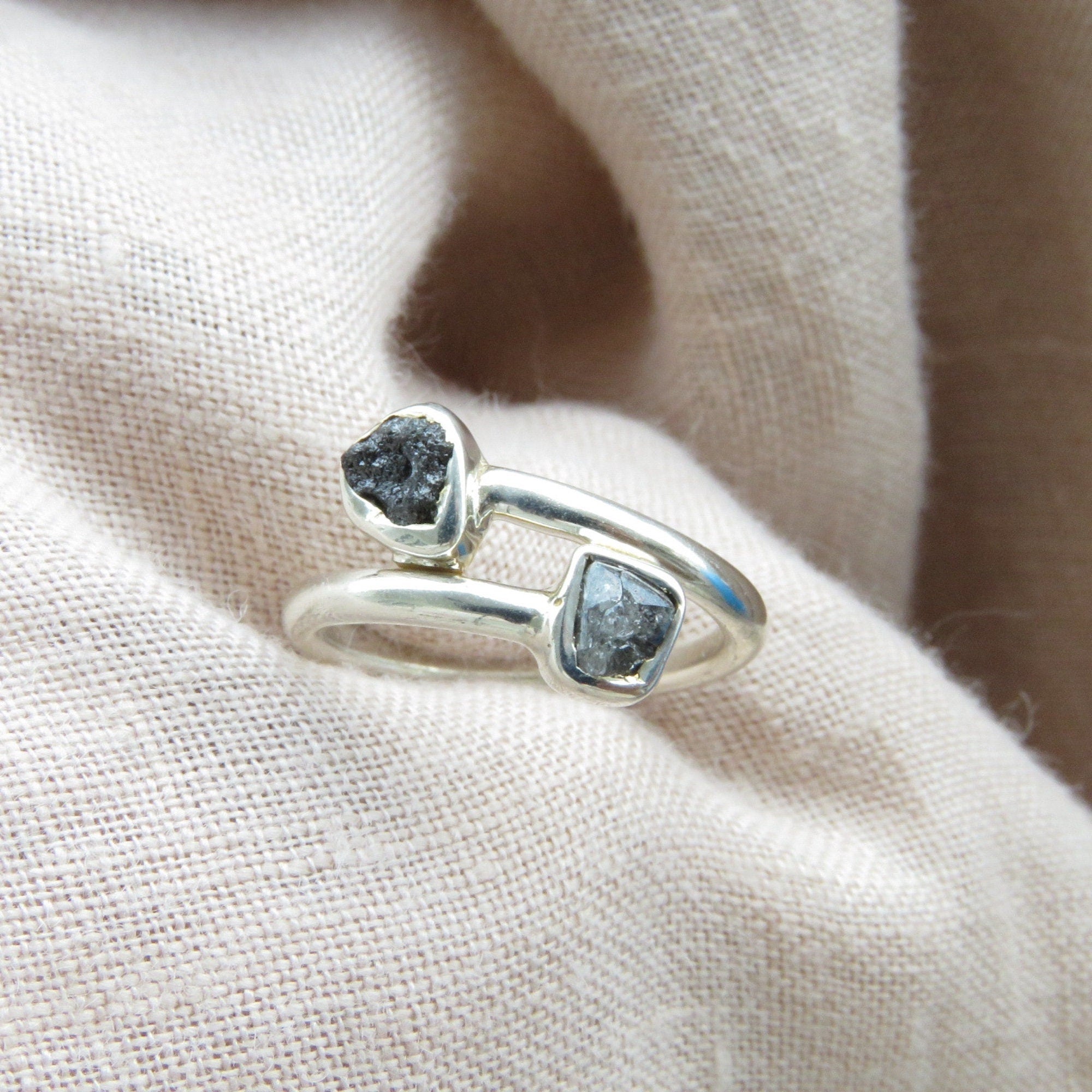 2 Stone Black Raw Diamond Ring