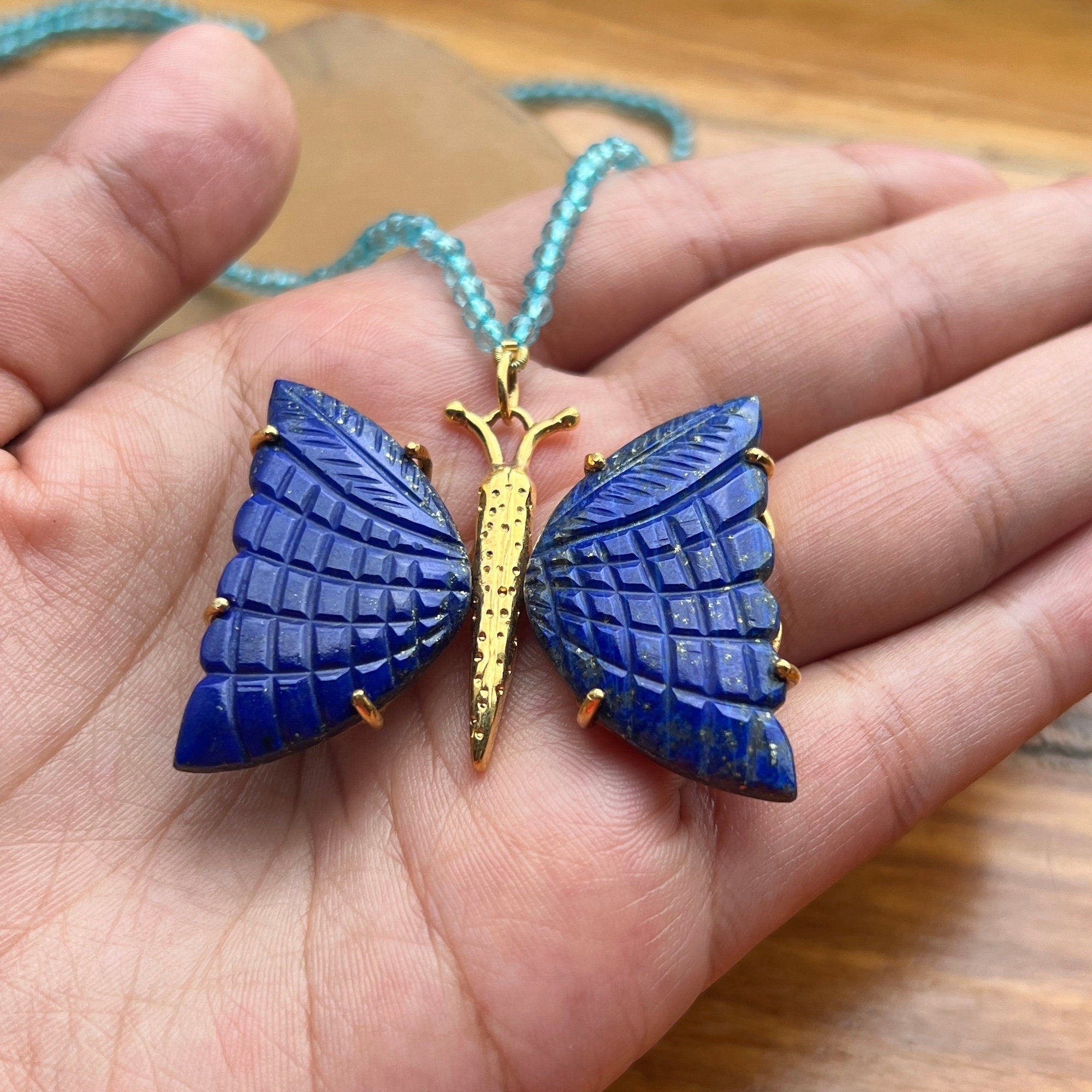 Hand Carved Butterfly Lapis Lazuli Pendant Necklace