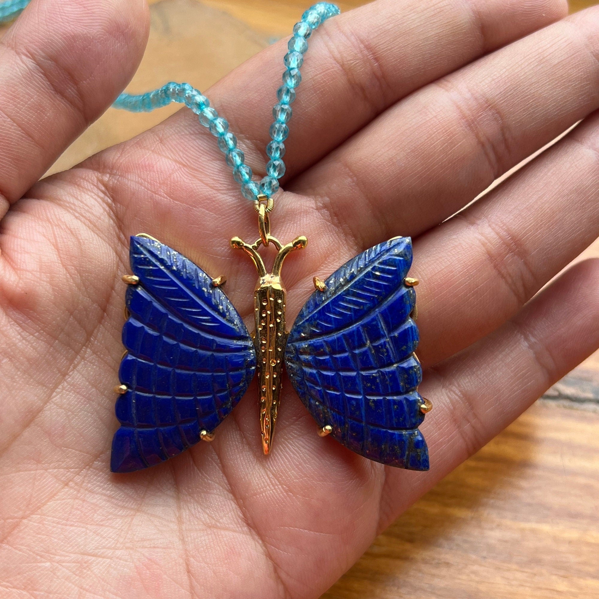 Hand Carved Butterfly Lapis Lazuli Pendant Necklace