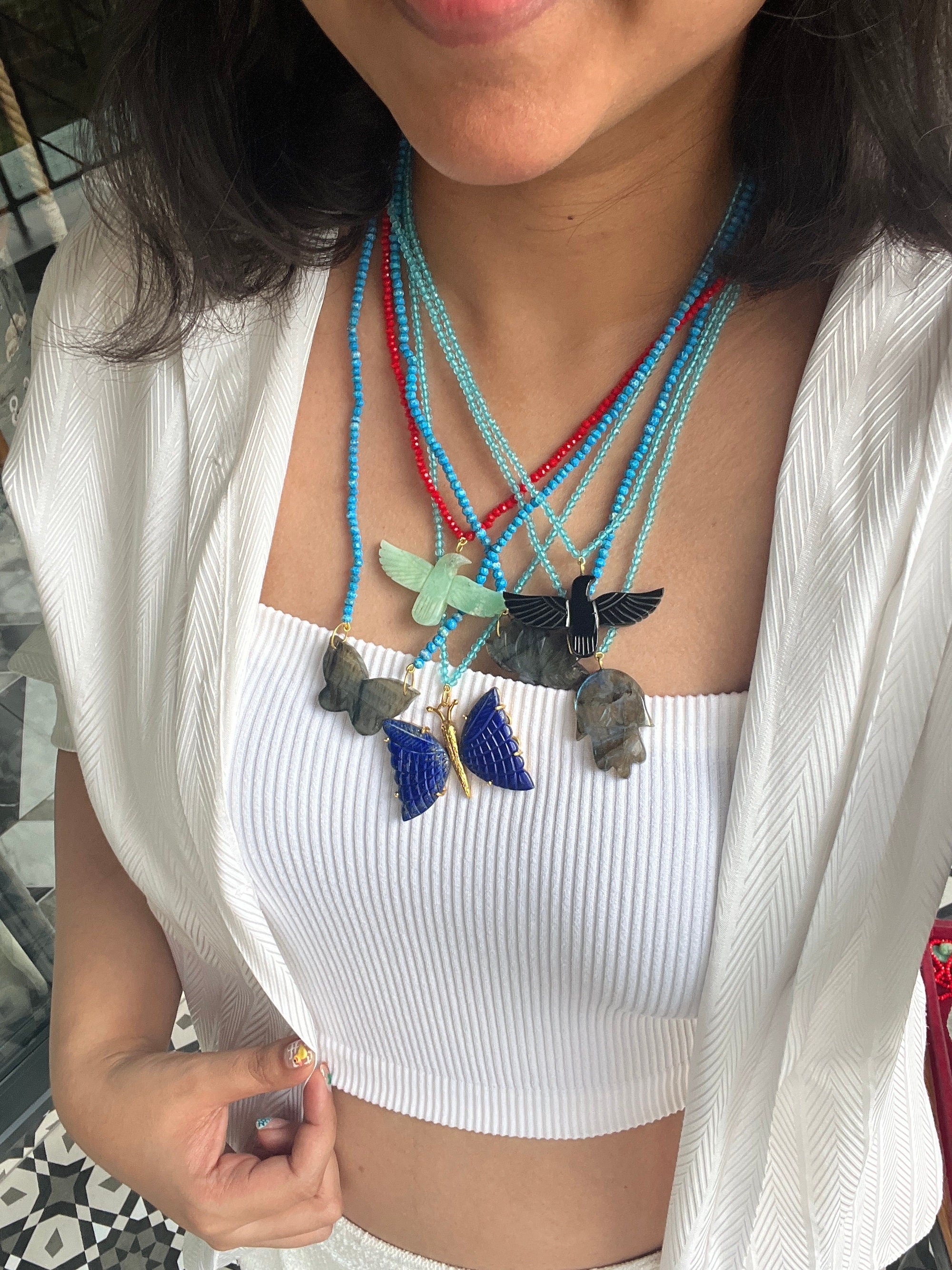 Hand Carved Crystal Soaring Phoenix Bird Pendant Necklace