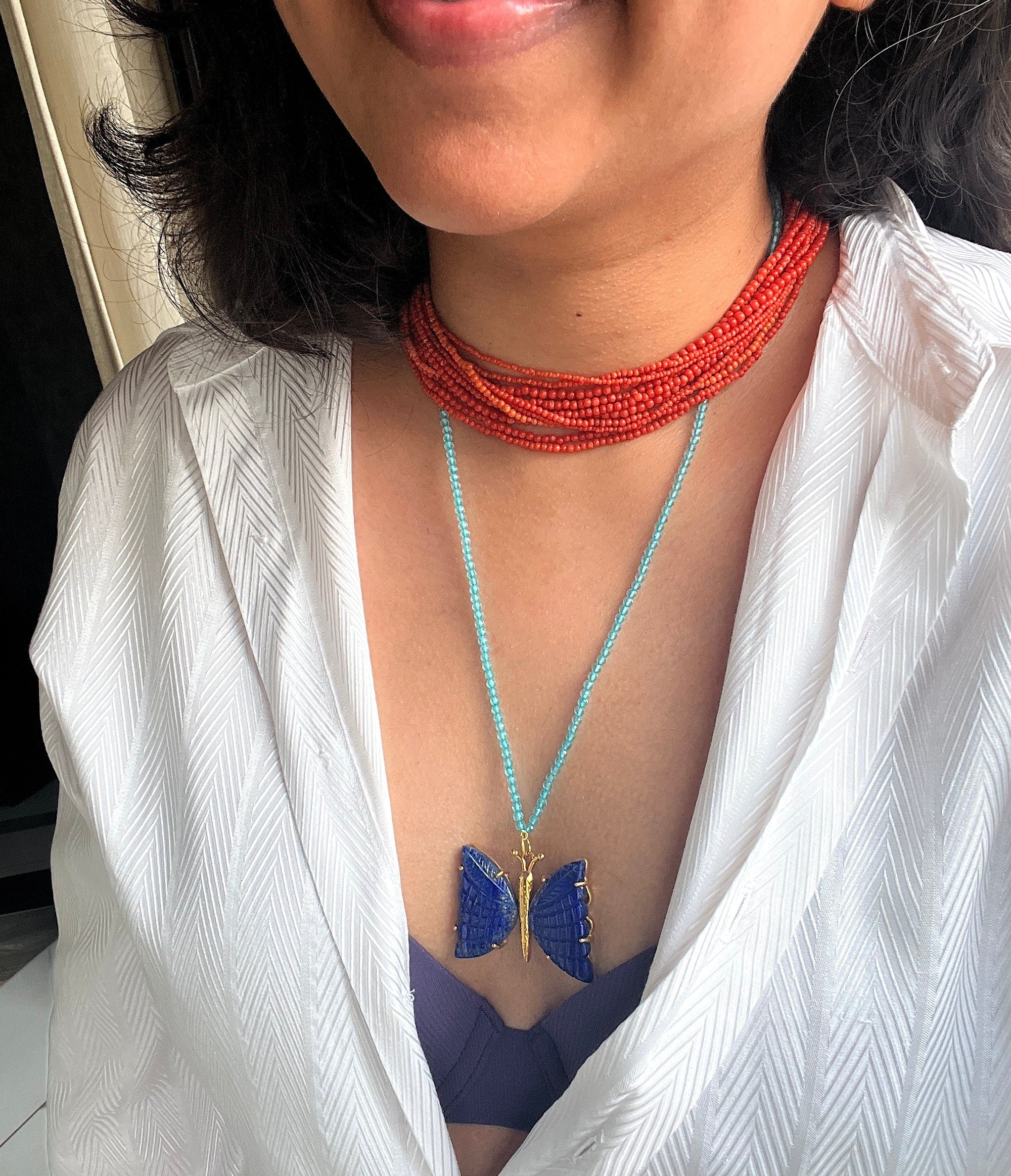 Hand Carved Butterfly Lapis Lazuli Pendant Necklace