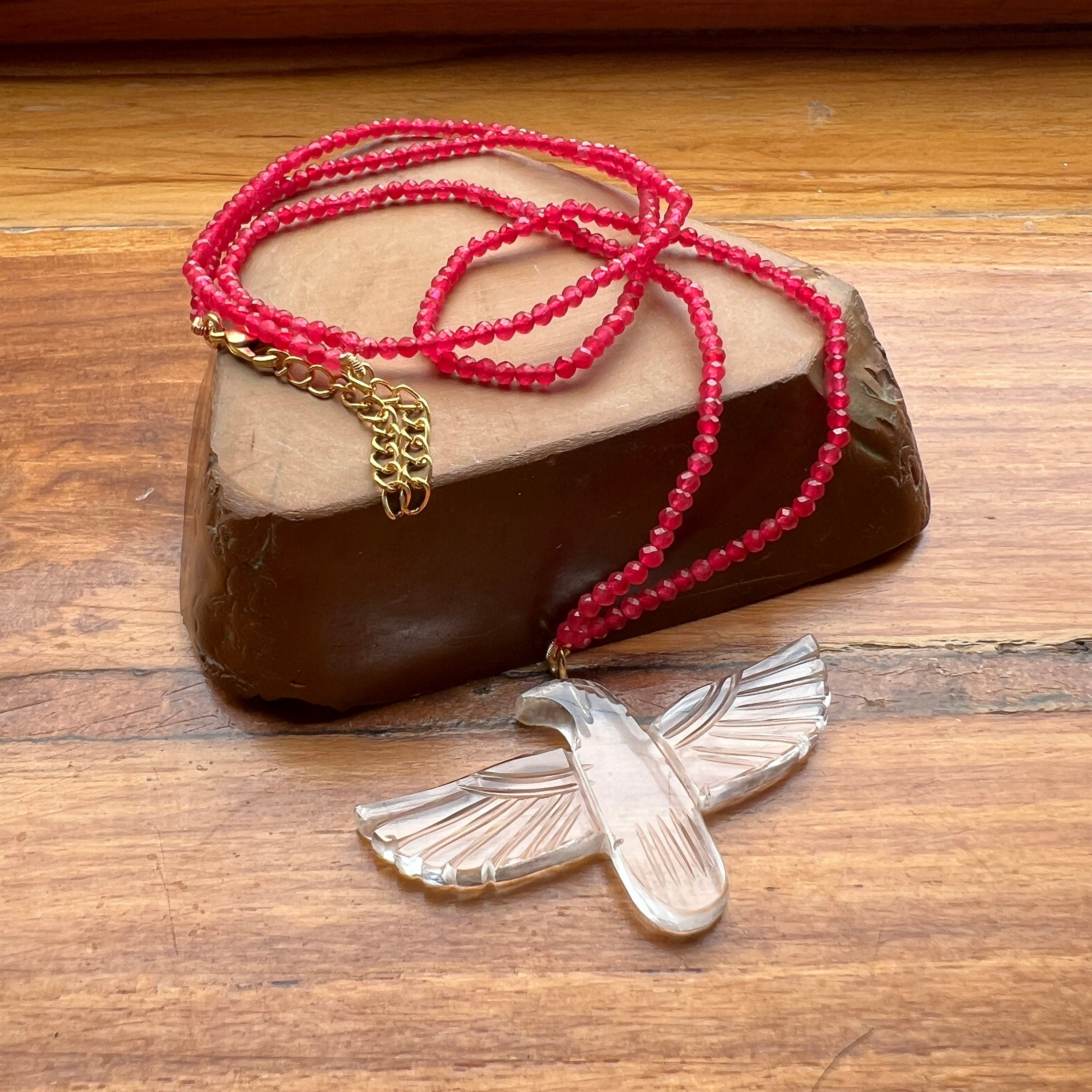 Hand Carved Crystal Soaring Phoenix Bird Pendant Necklace