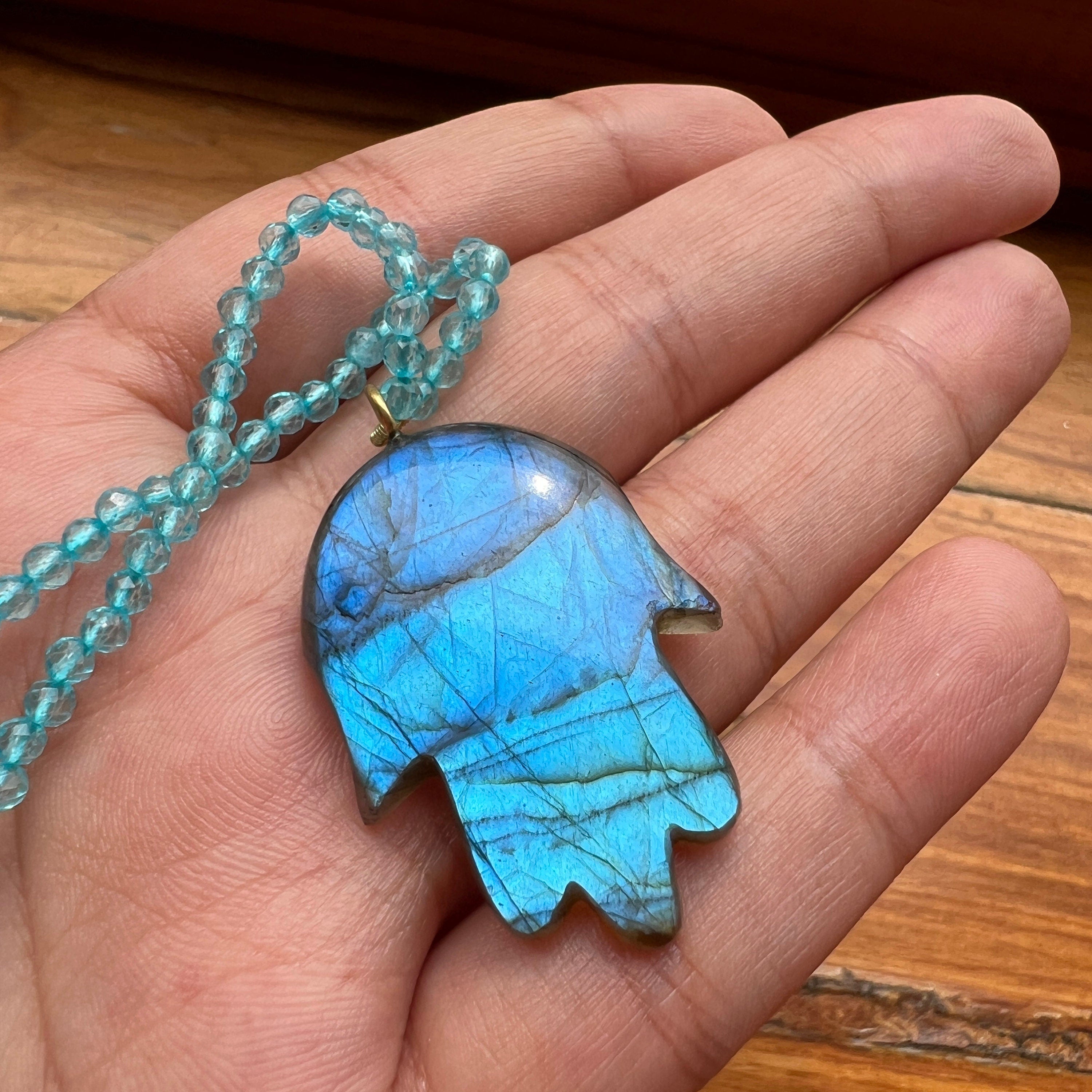 Hamsa Hand Labradorite Hand Carved Pendant Necklace