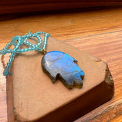 Hamsa Hand Labradorite Hand Carved Pendant Necklace