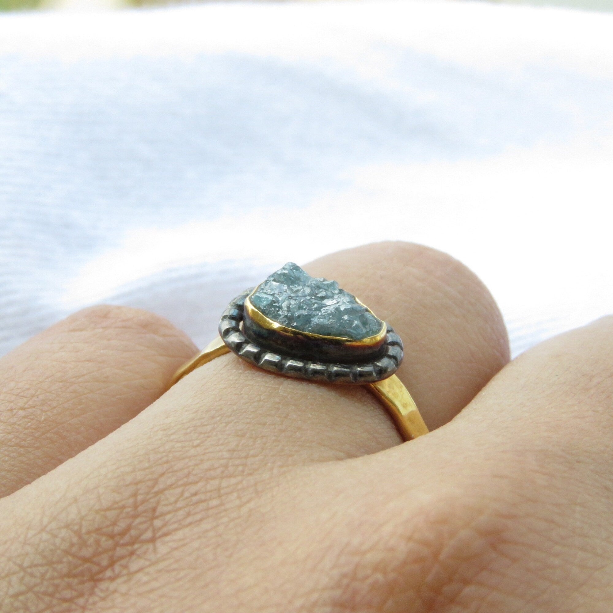 Raw Rough Blue Diamond Solitaire Ring with Black Rhodium Border