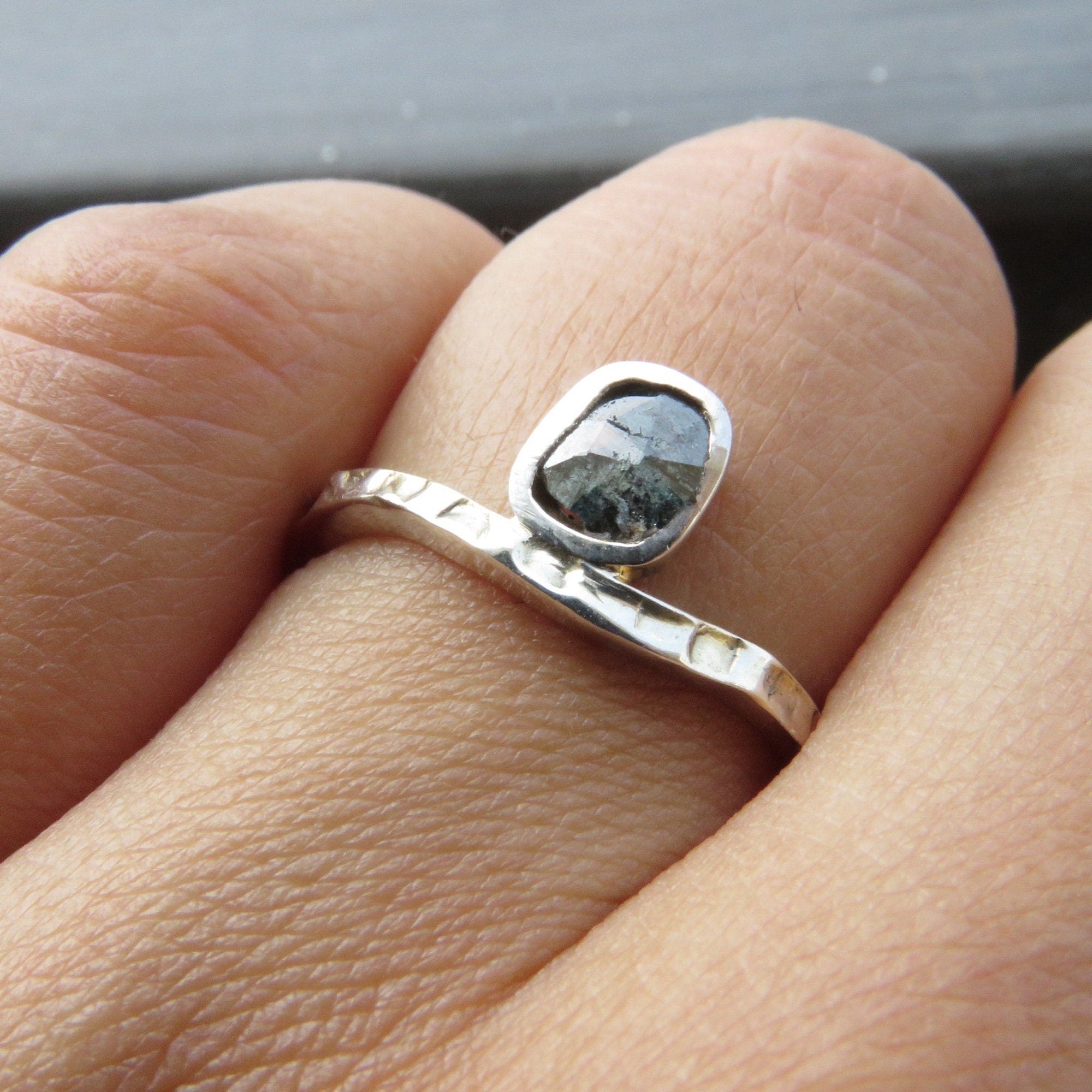 Sterling Silver Salt & Pepper Diamond Slice Solitaire Ring