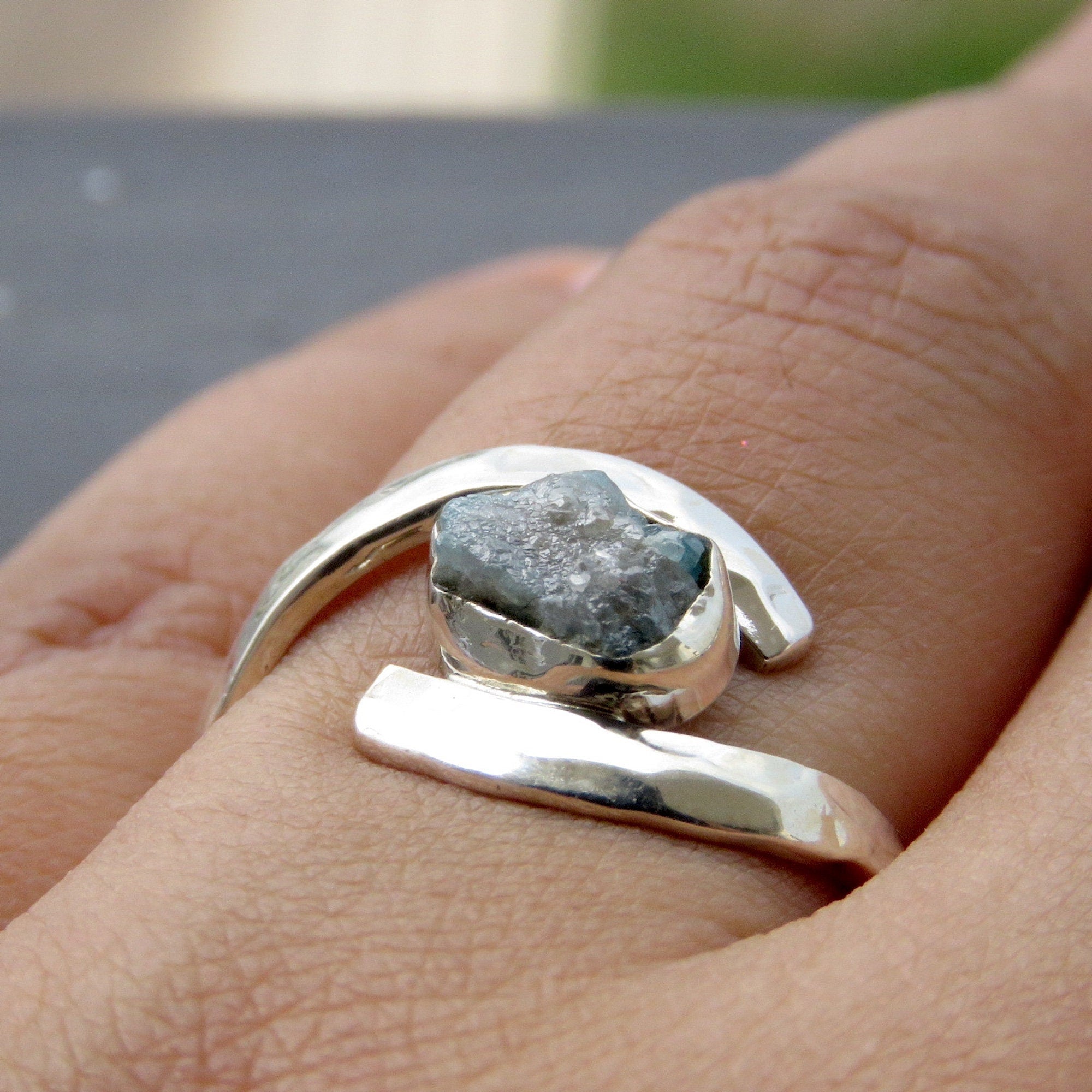 Natural Raw Blue Diamond Solitaire Statement Ring