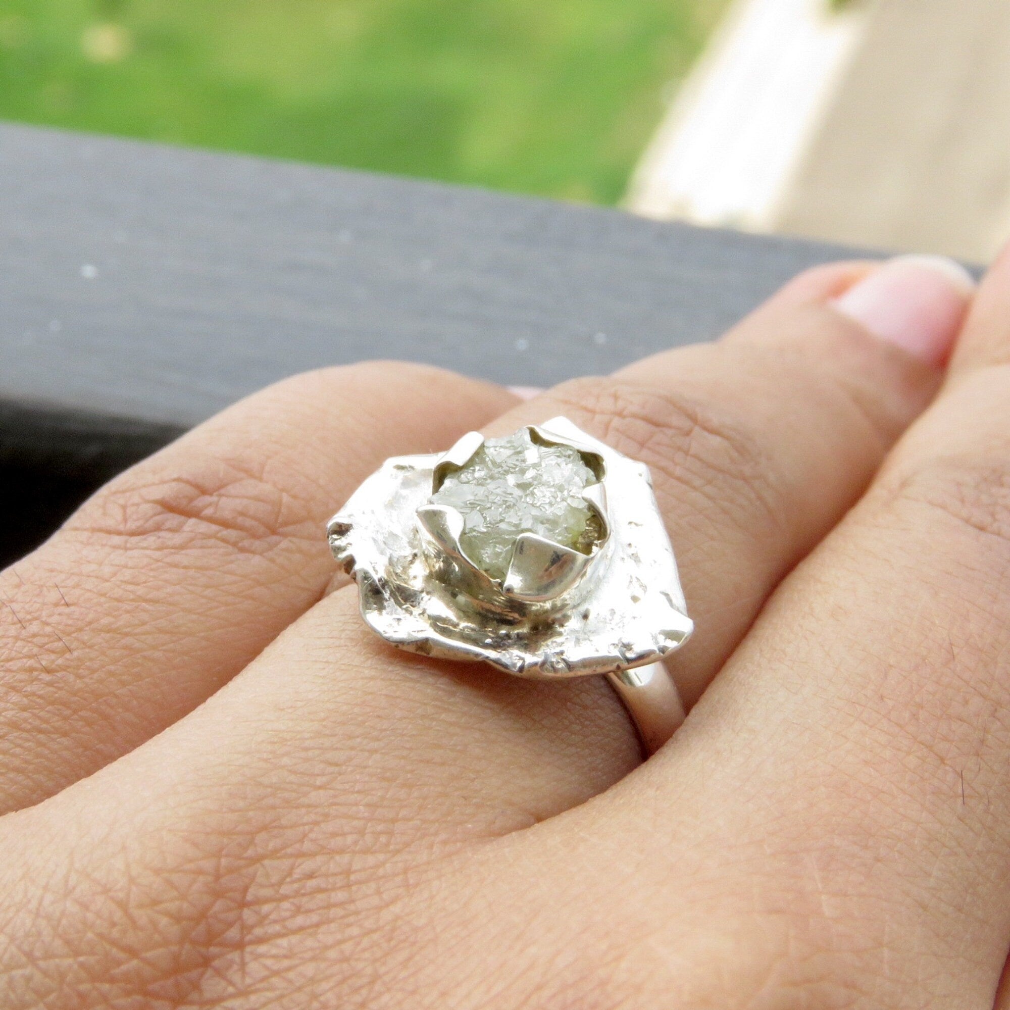 White Raw Diamond Chunky Boho Style Solitaire Statement Ring
