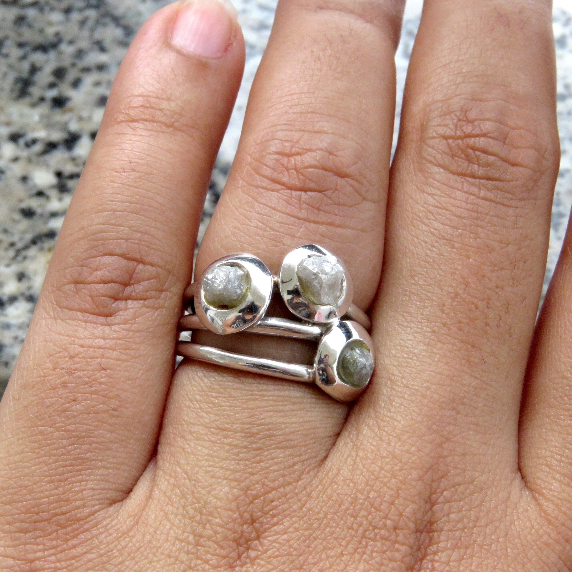 3 Stone Gray Raw Diamond Ring