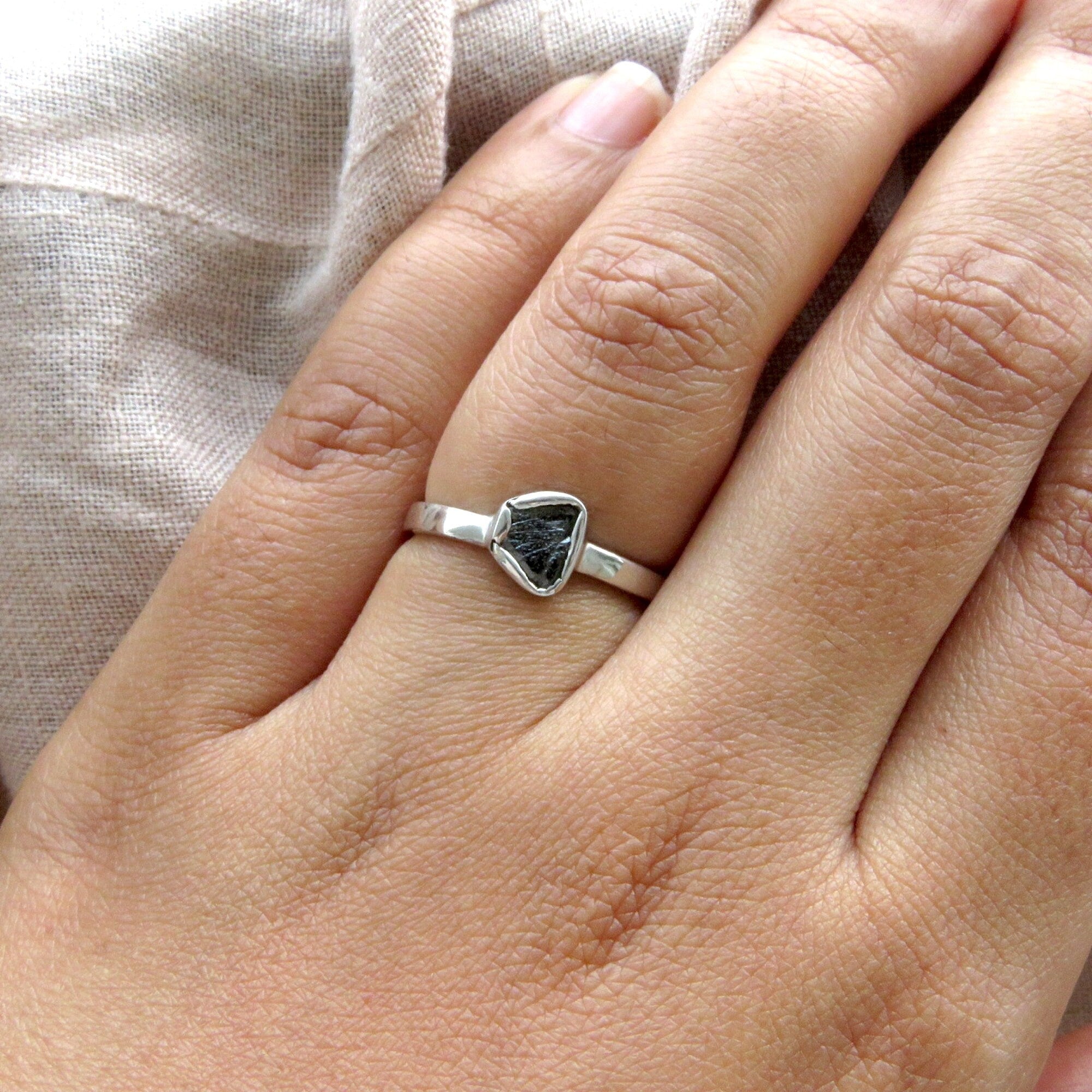 Dainty Black Raw Diamond Solitaire Everyday Wear Ring