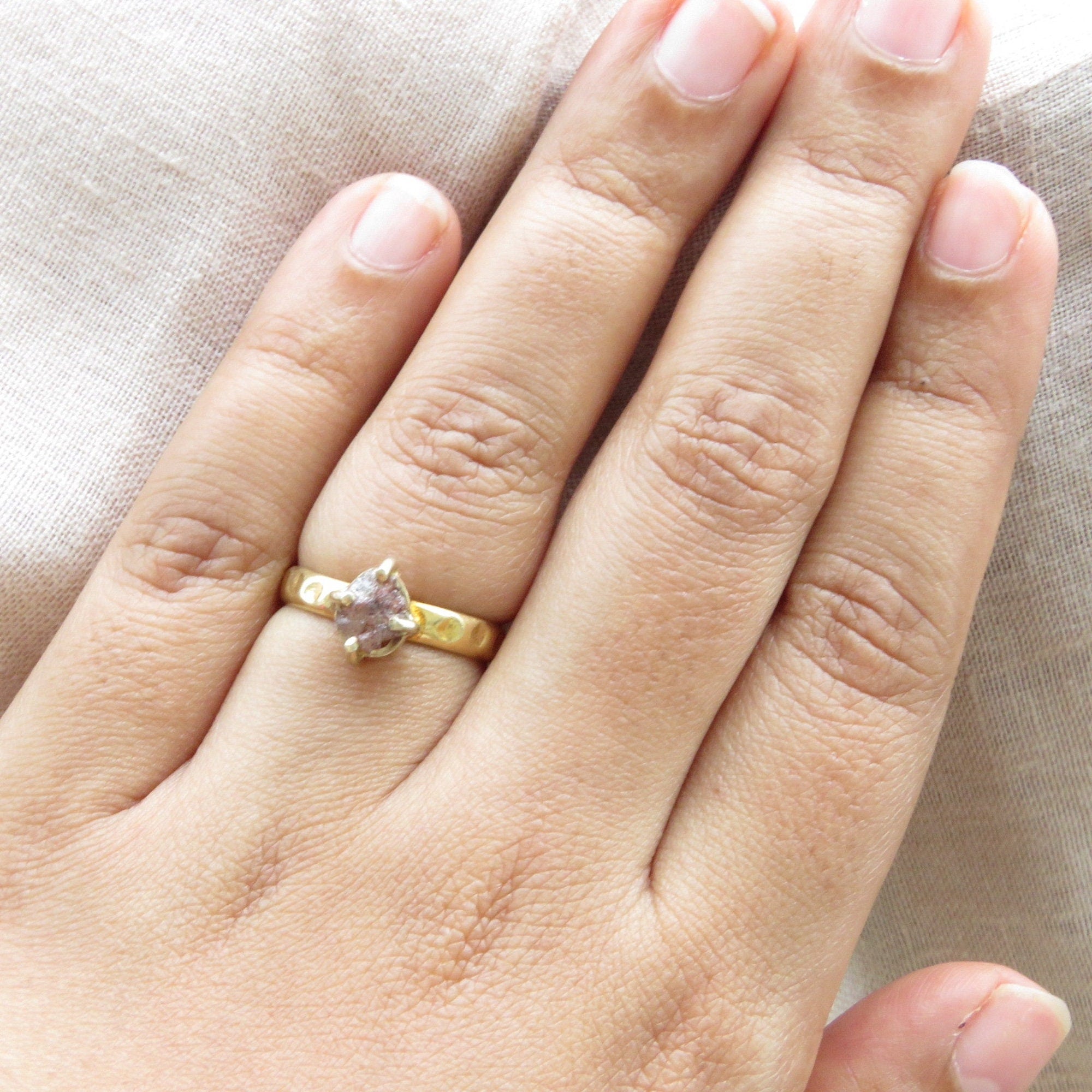 Brown Raw Diamond Gold Hammered Solitaire Statement Ring