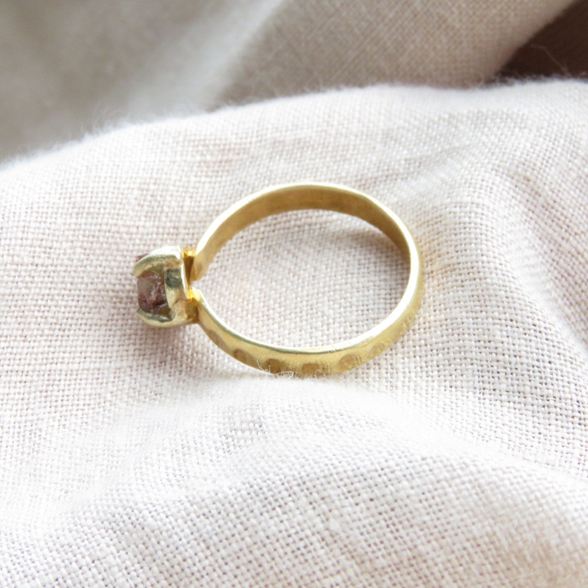 Brown Raw Diamond Gold Hammered Solitaire Statement Ring