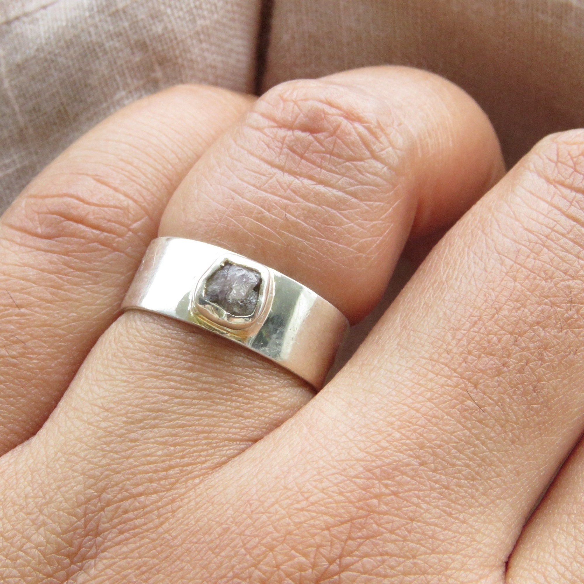 Raw Rough Gray Diamond Solitaire Band Ring