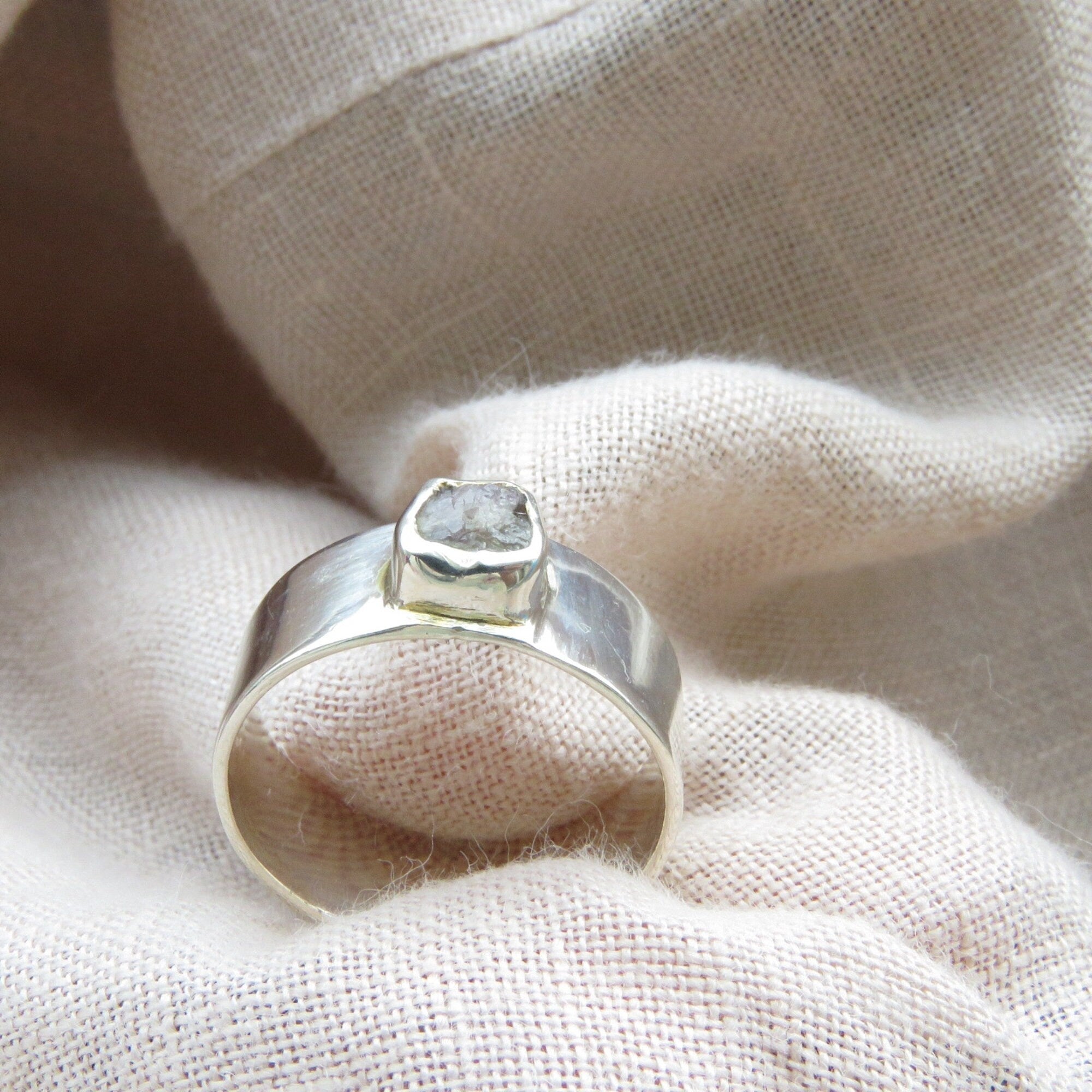 Raw Rough Gray Diamond Solitaire Band Ring
