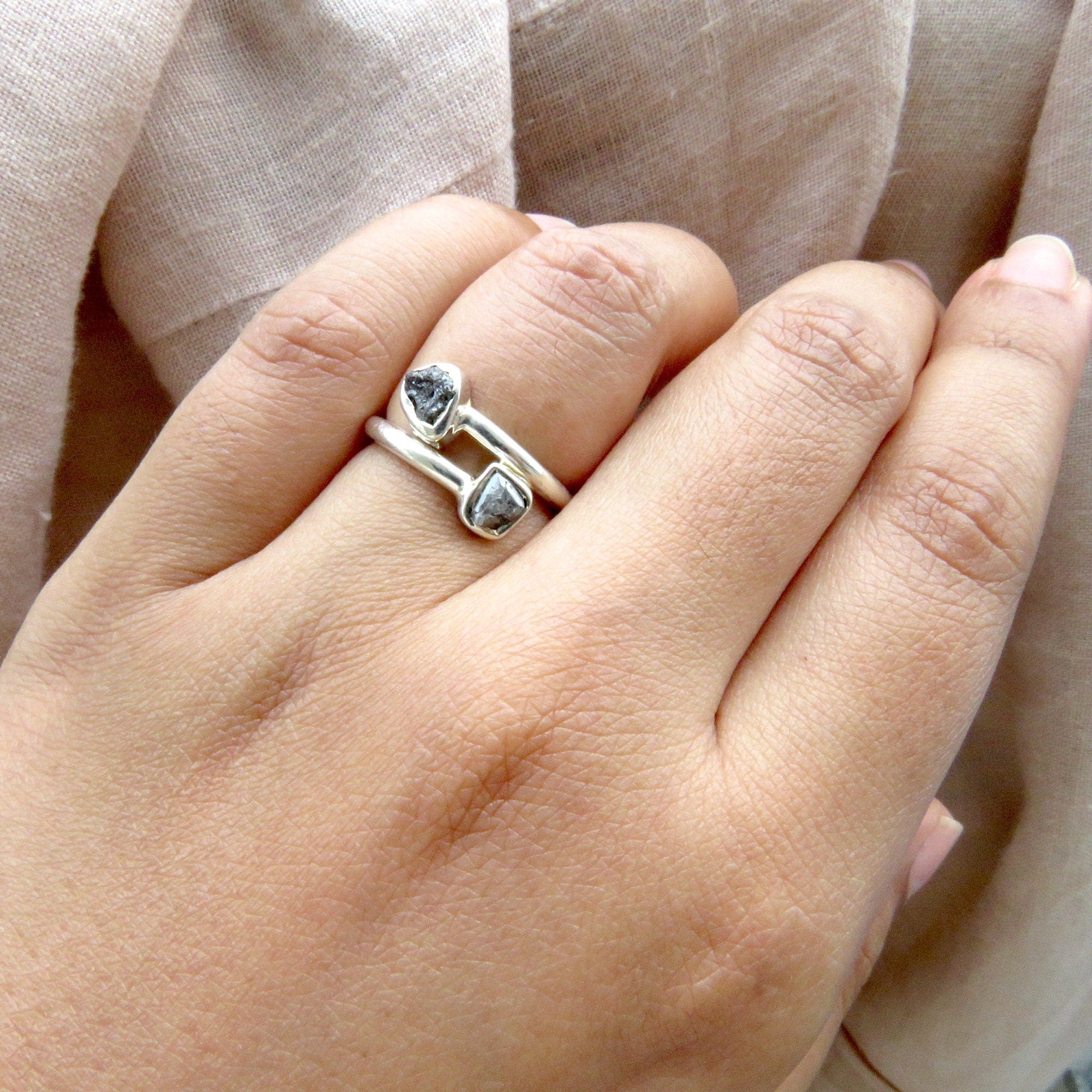 2 Stone Black Raw Diamond Ring