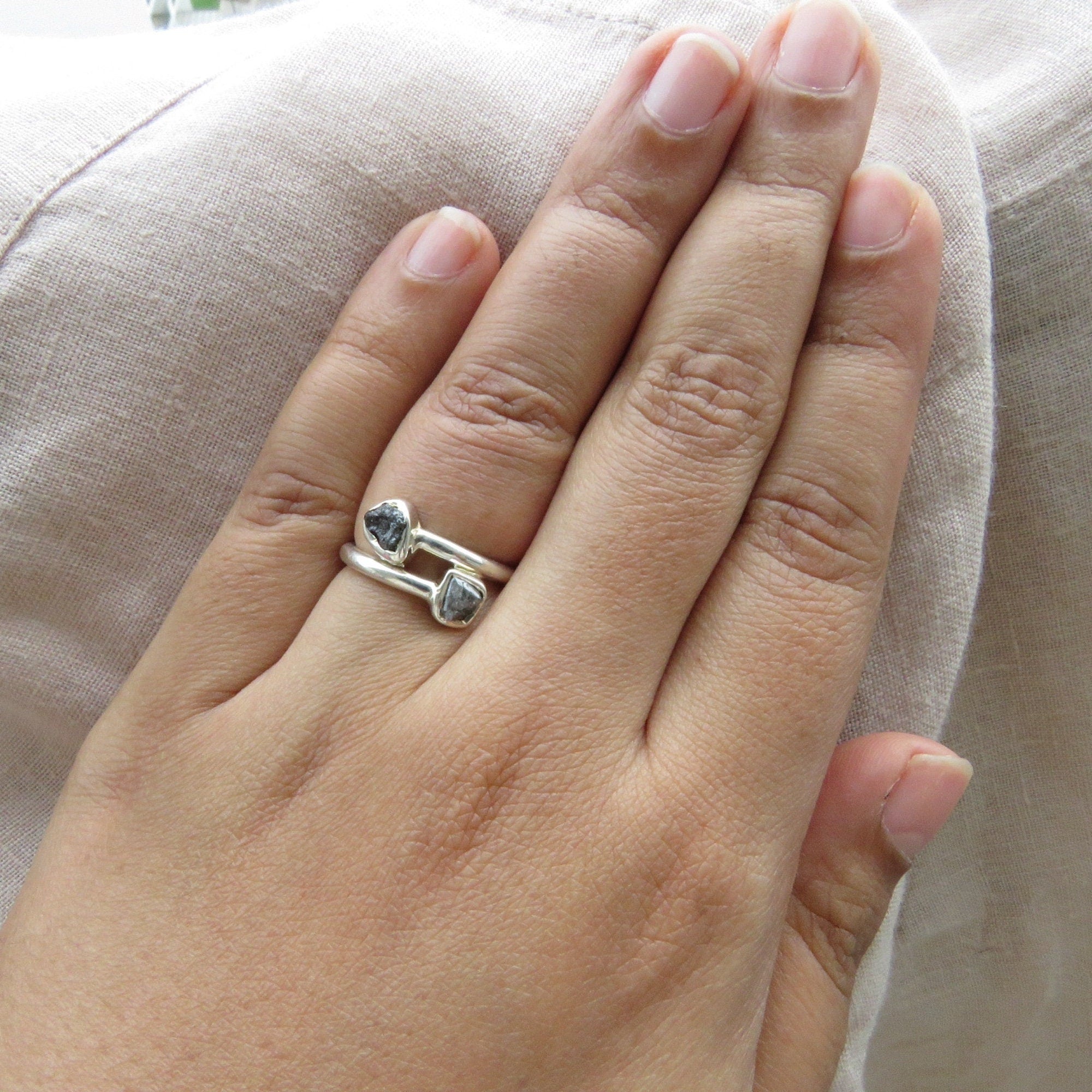 2 Stone Black Raw Diamond Ring