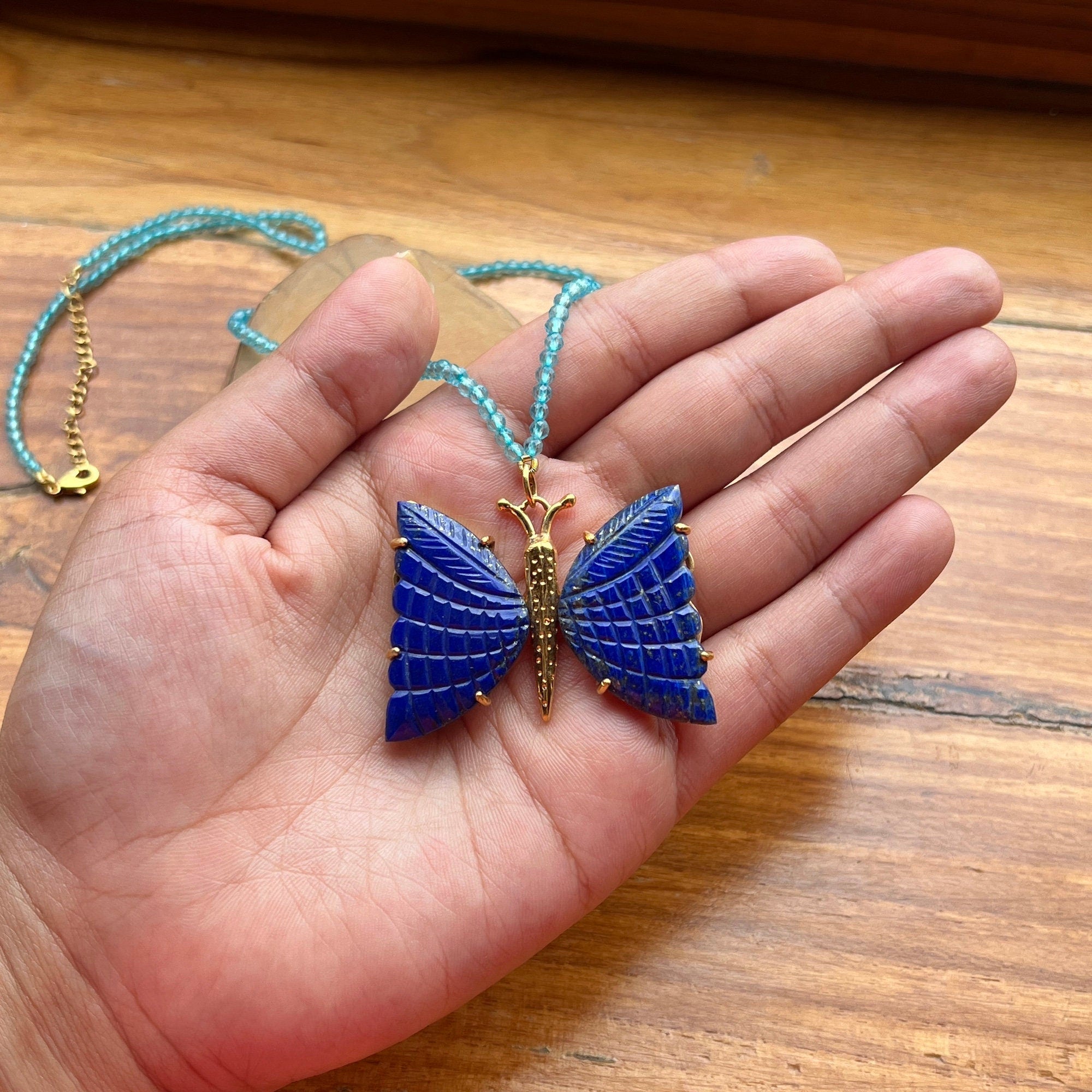 Hand Carved Butterfly Lapis Lazuli Pendant Necklace
