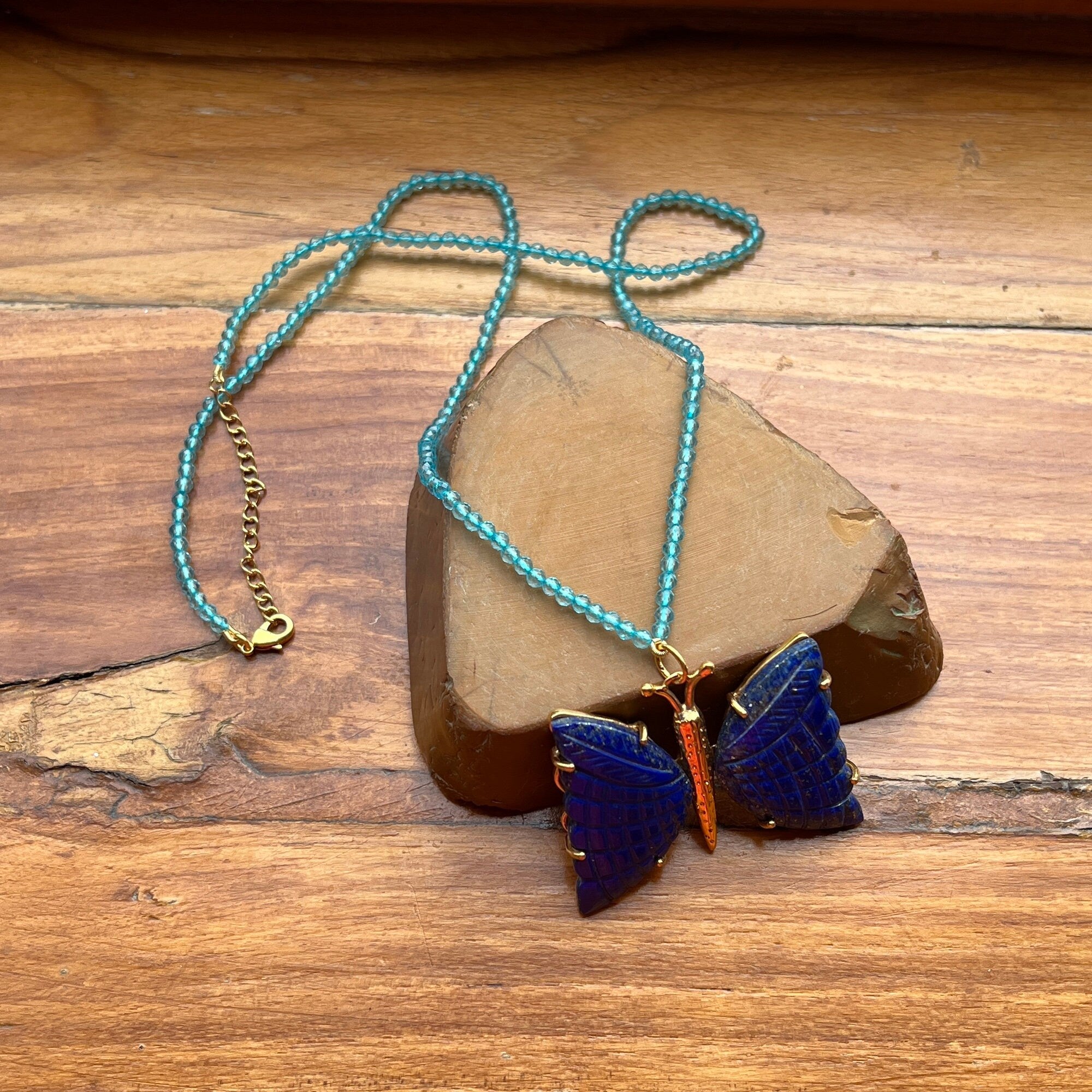 Hand Carved Butterfly Lapis Lazuli Pendant Necklace