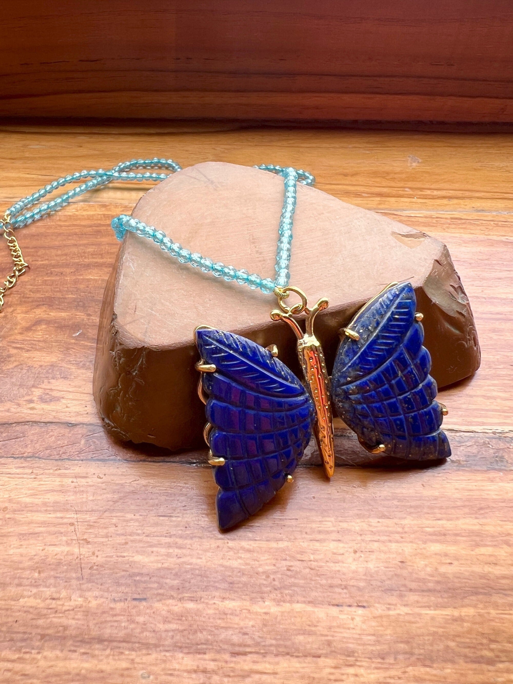 Hand Carved Butterfly Lapis Lazuli Pendant Necklace