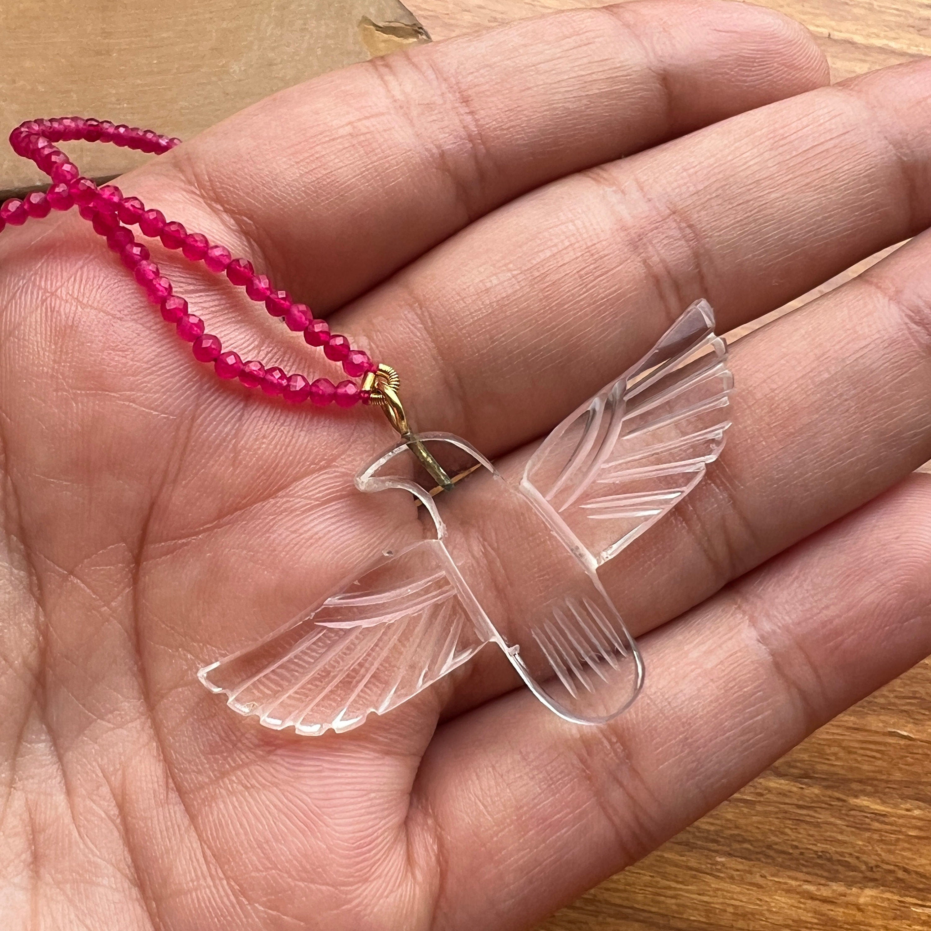 Hand Carved Crystal Soaring Phoenix Bird Pendant Necklace