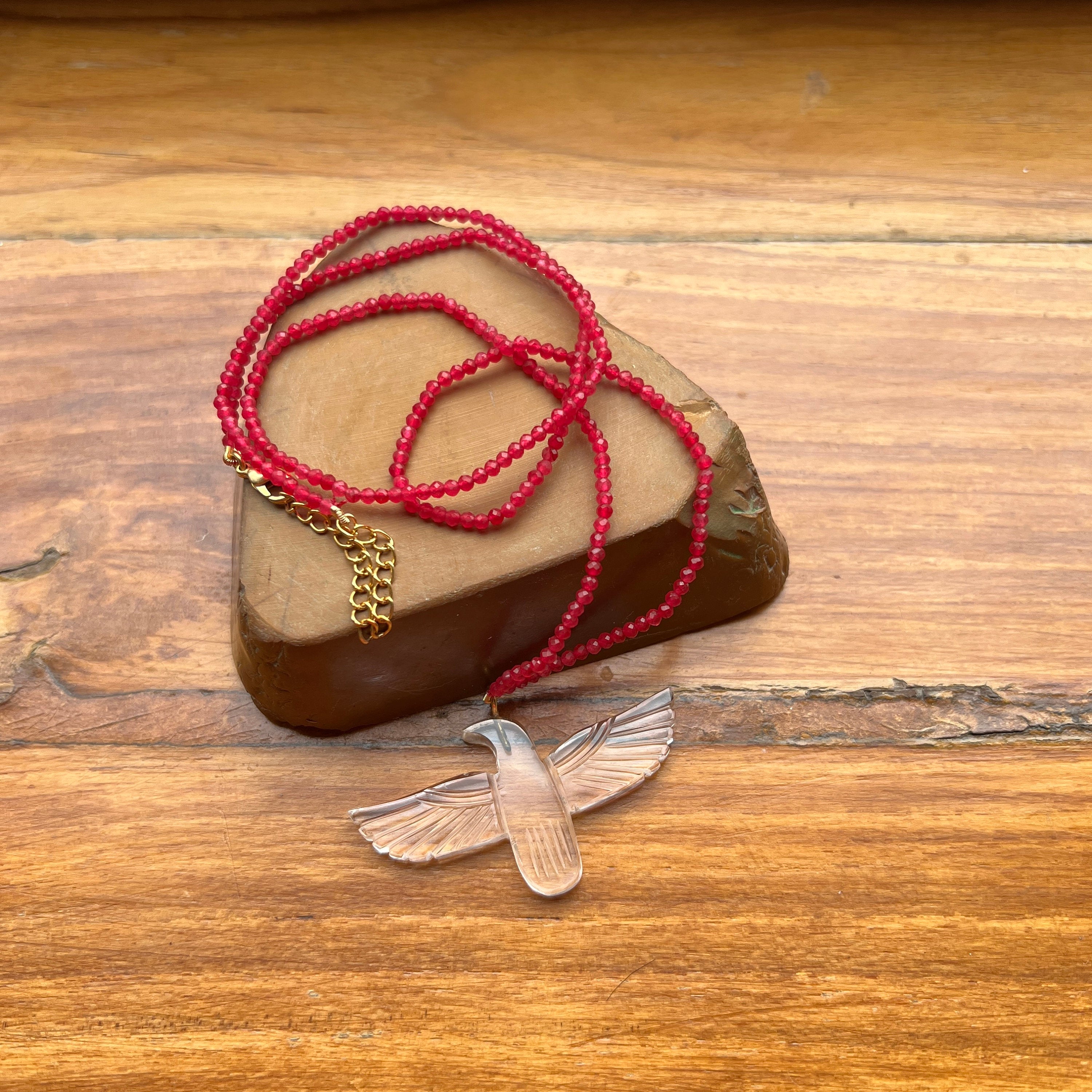 Hand Carved Crystal Soaring Phoenix Bird Pendant Necklace