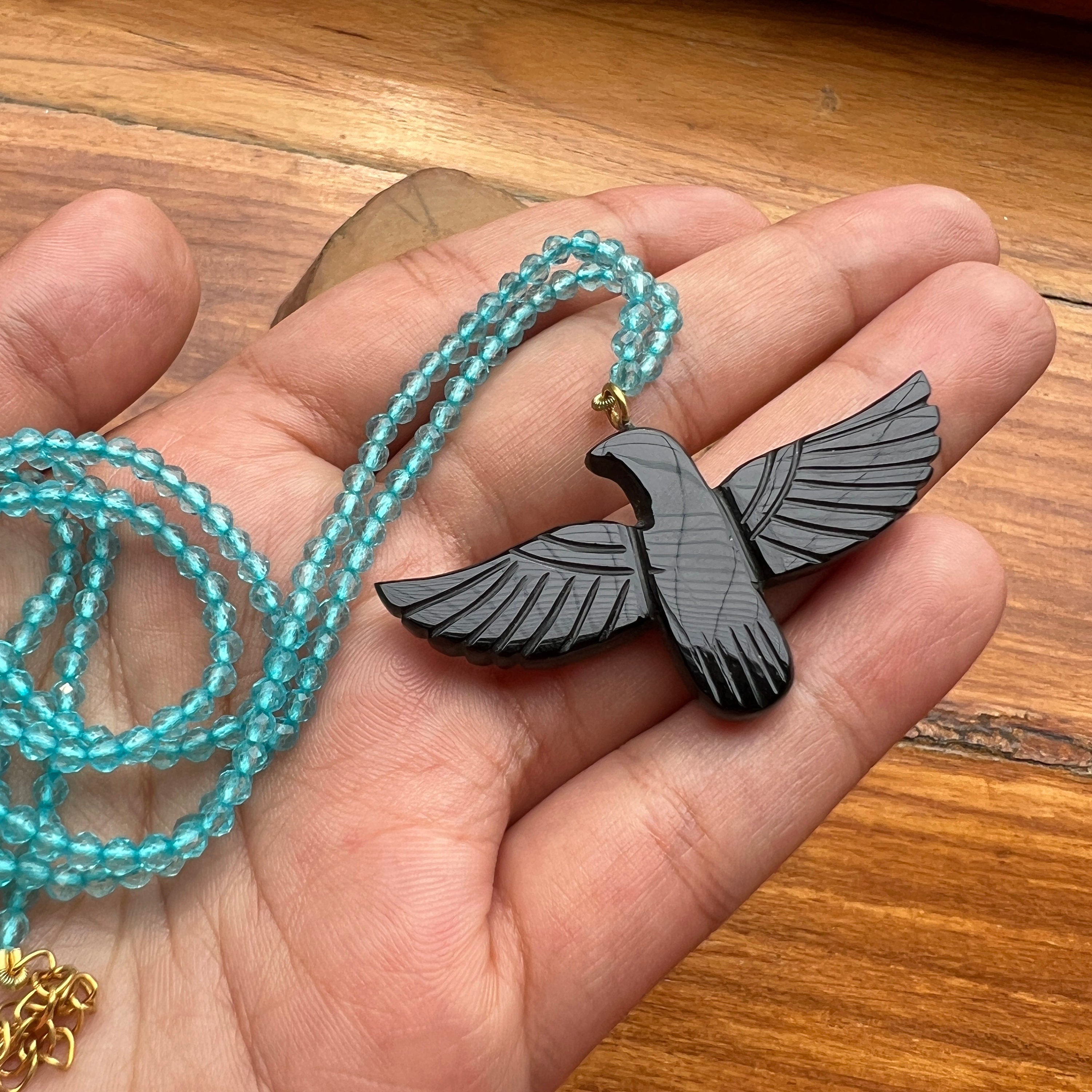 Black Onyx Soaring Phoenix Bird Pendant Necklace