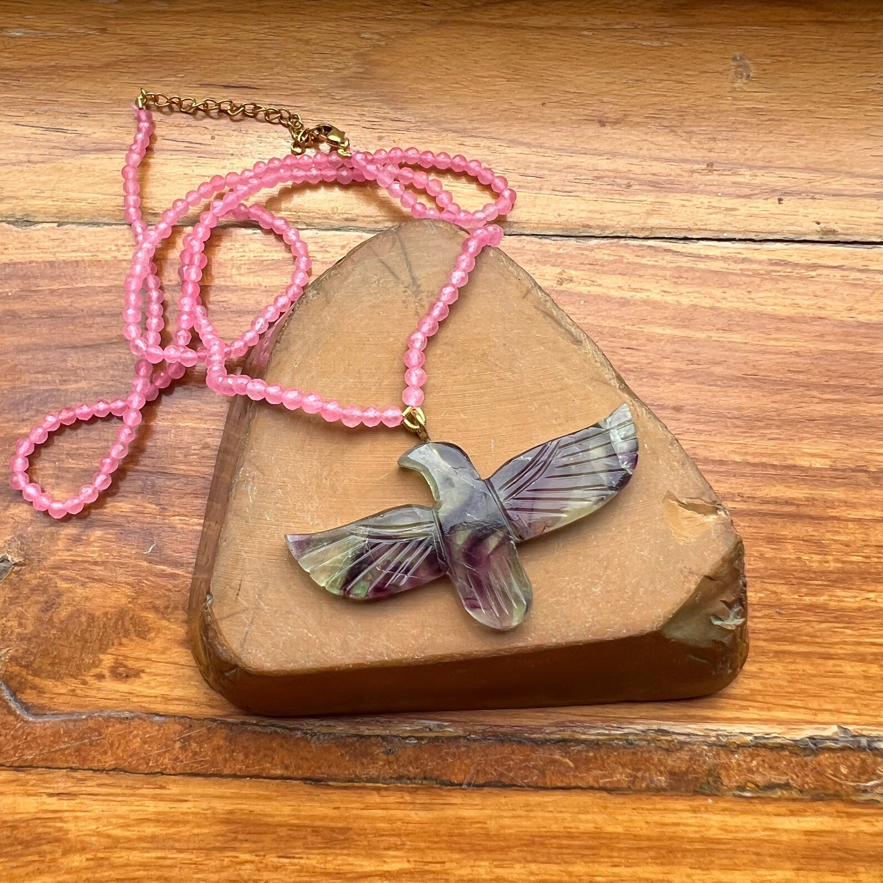 Fluorite Soaring Phoenix Bird Pendant Necklace