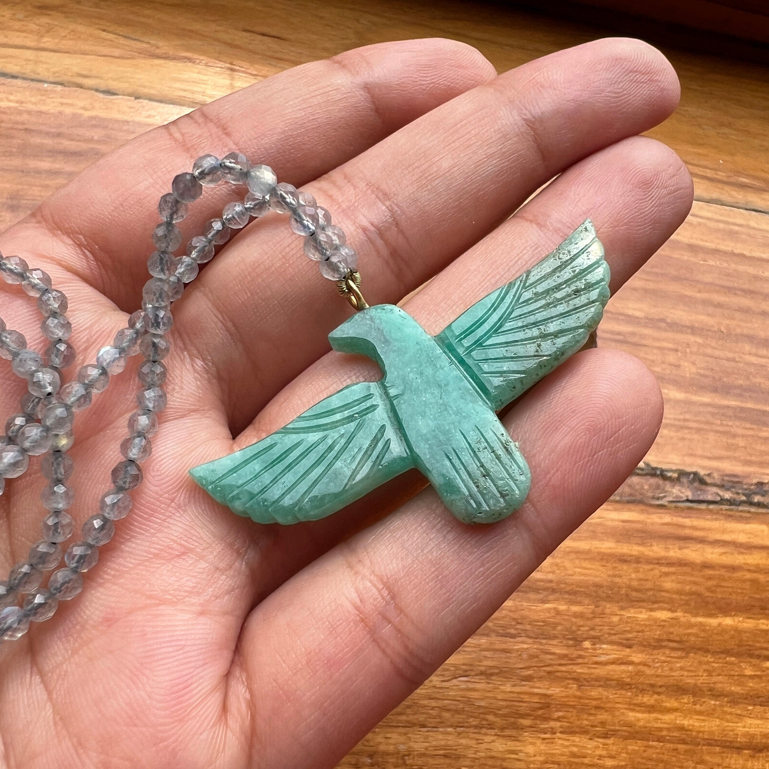 Green Amazonite Soaring Phoenix Bird Pendant Necklace